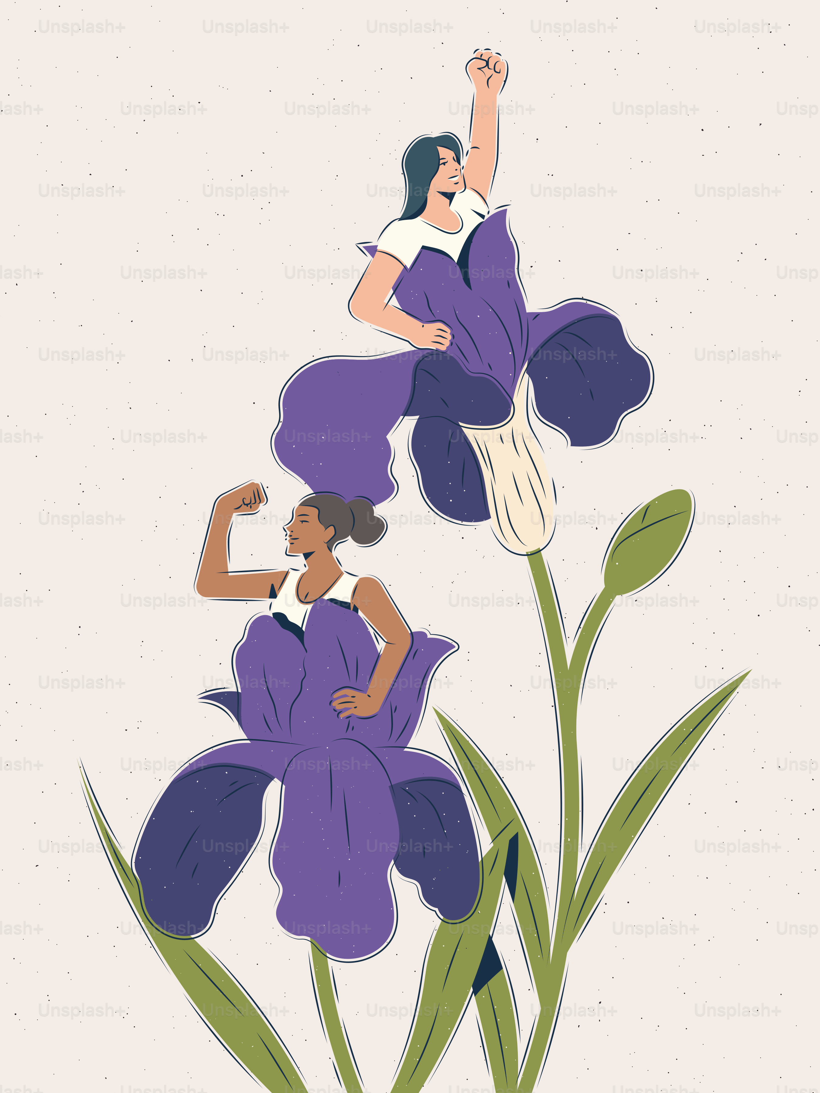 보라색 붓꽃에서 나오는 두 여성