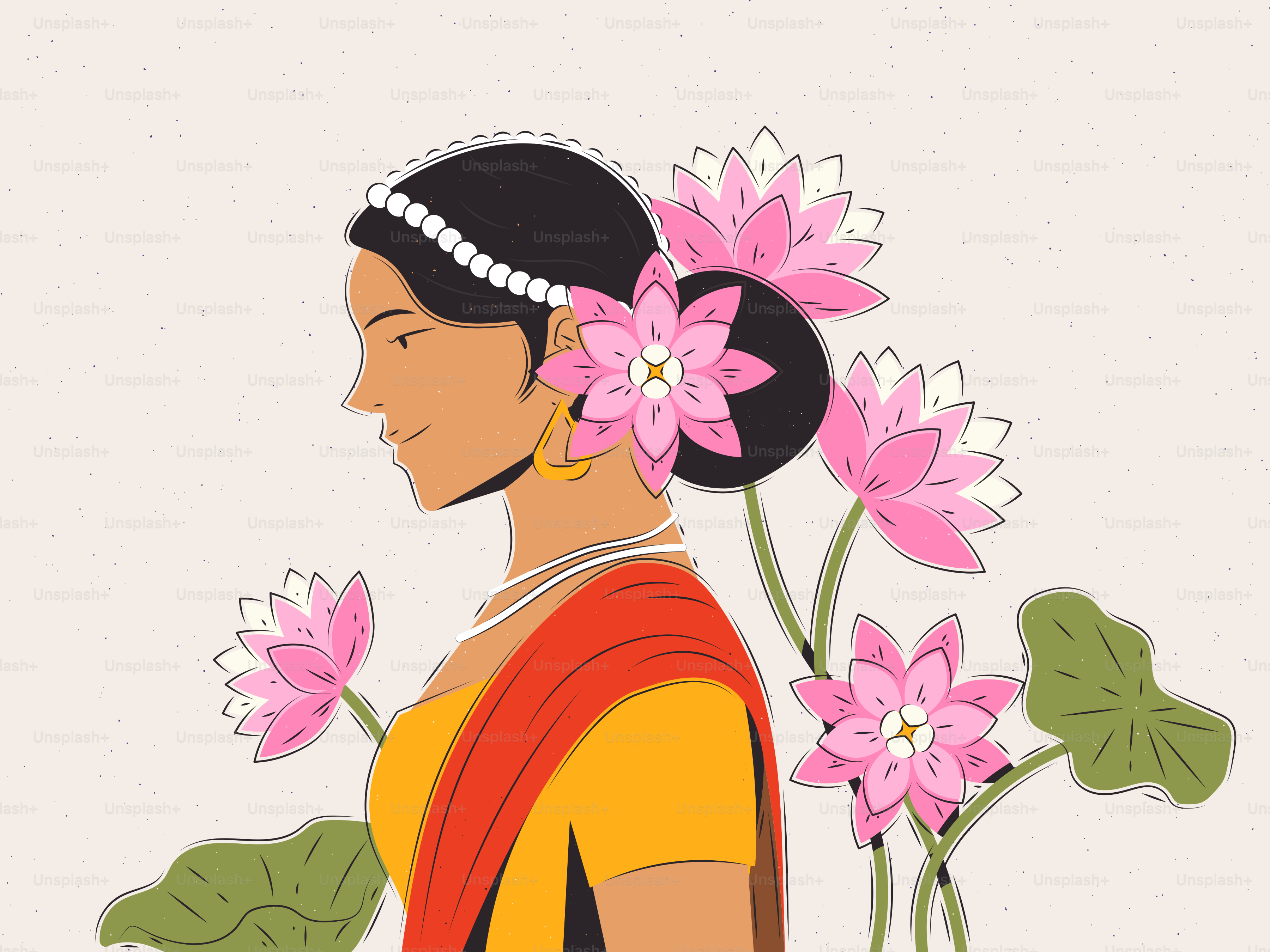 꽃과 전통 인도 복장을 한 여자.