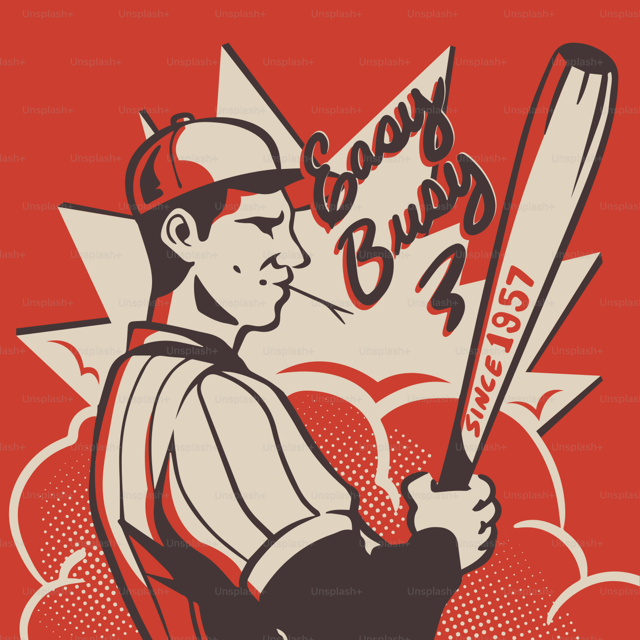 Baseballspieler mit Schläger und "easy busy" Text