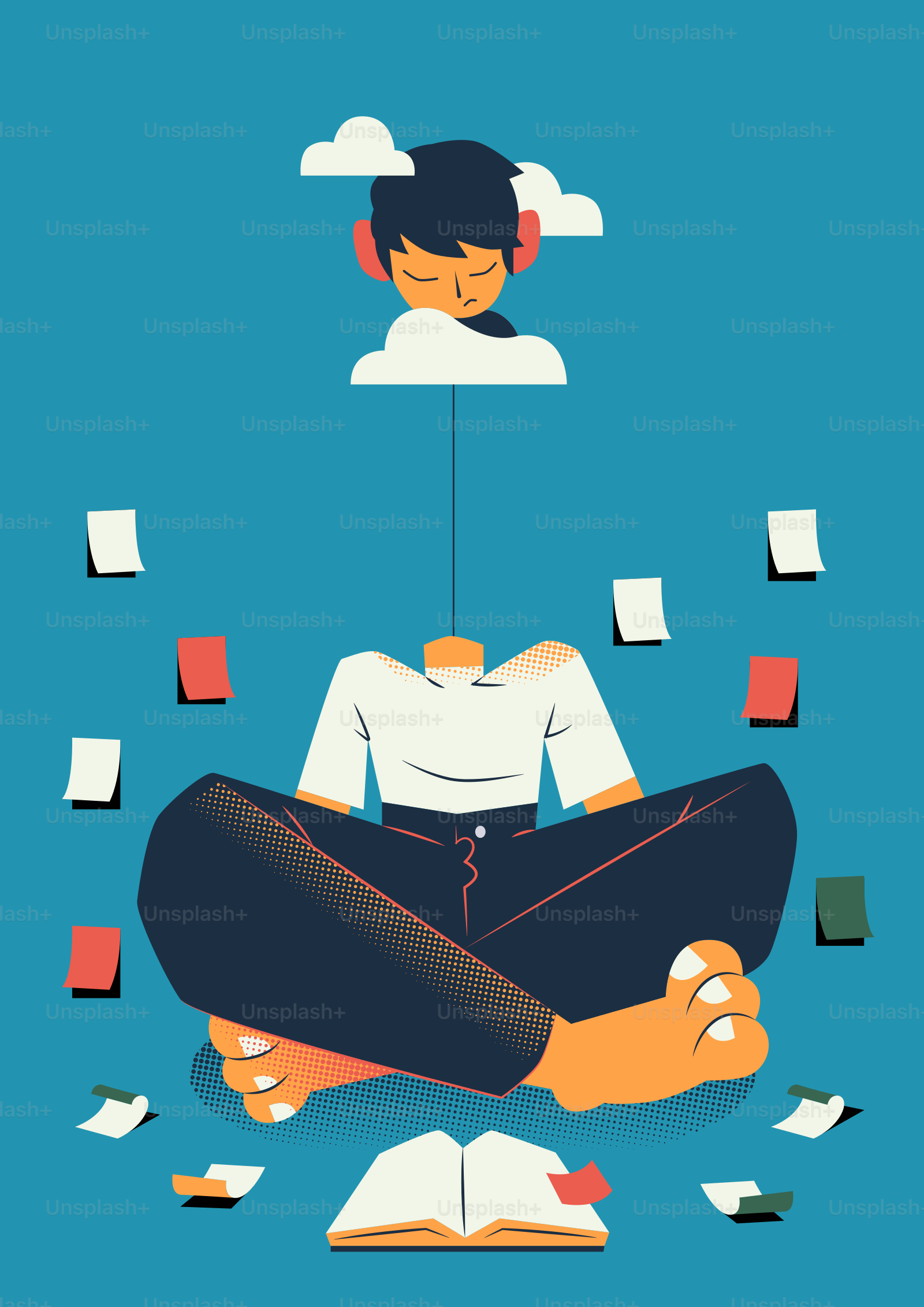 Personne méditant avec la tête flottante et des notes éparpillées