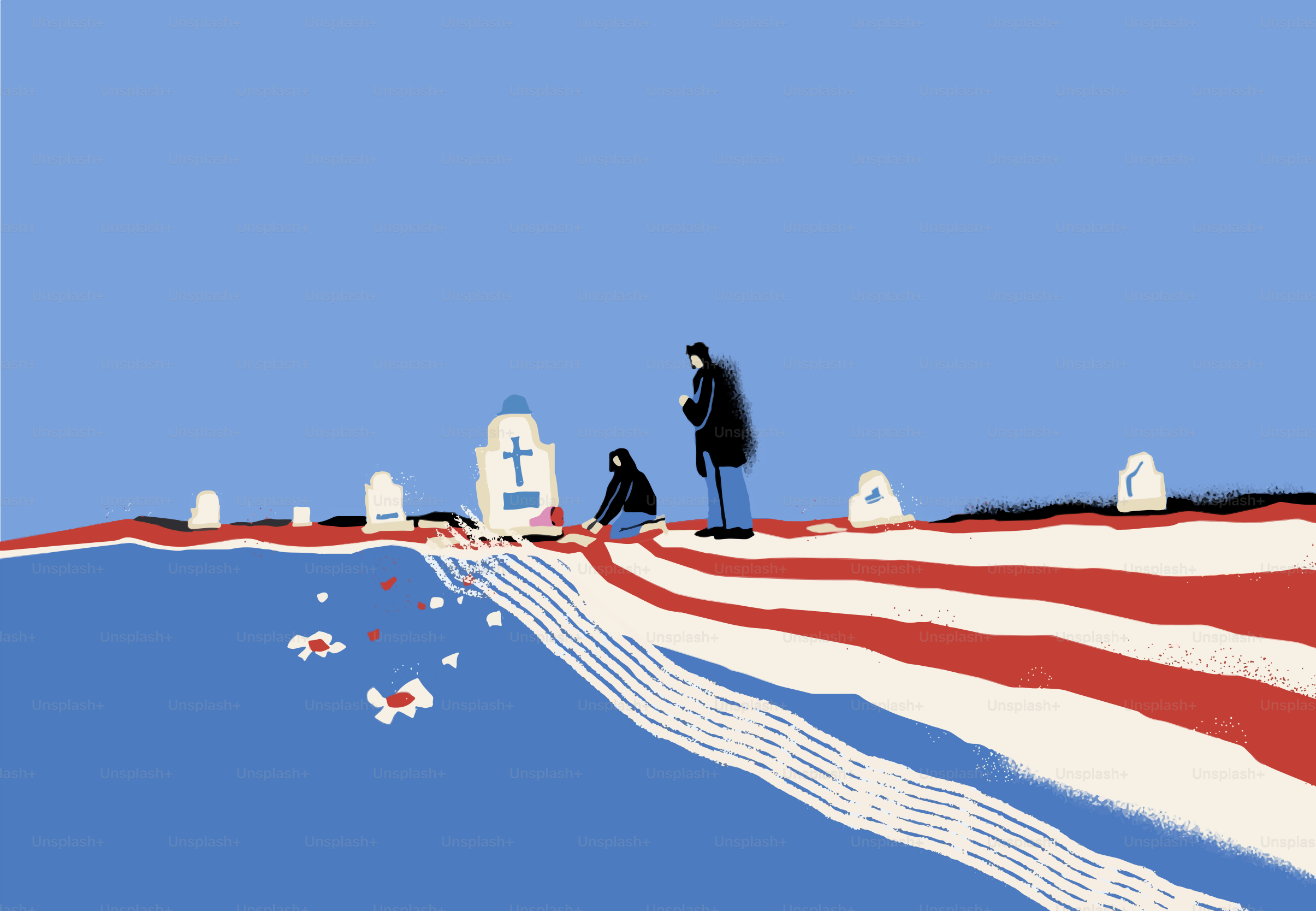 Two people place flowers at a grave