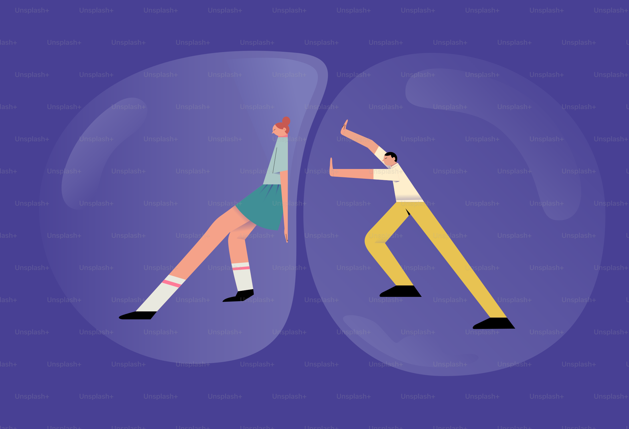 서로를 밀치는 거품에 의해 분리된 두 사람.