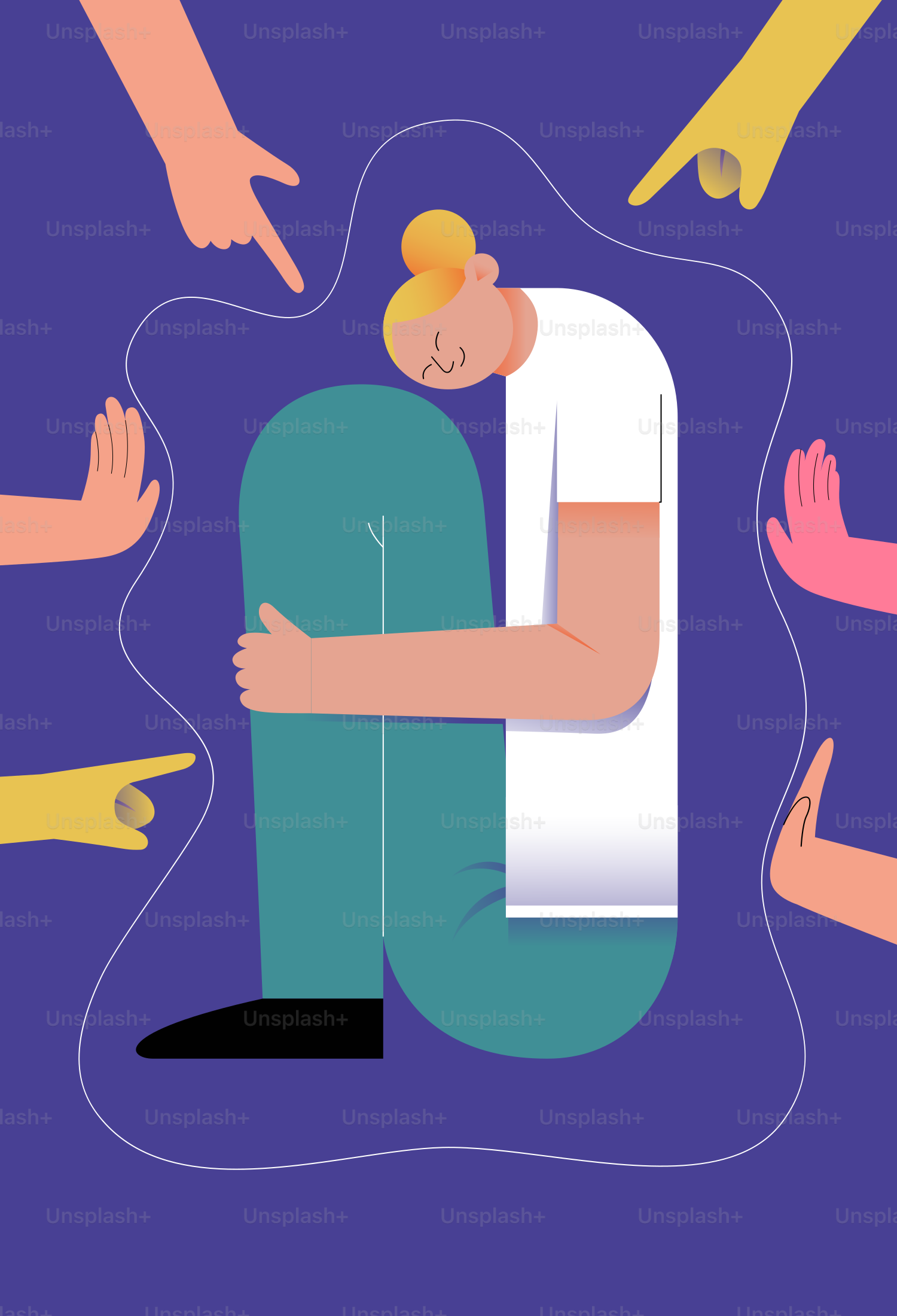 몸을 웅크리고 손가락질하는 사람들에 둘러싸여 있었다.