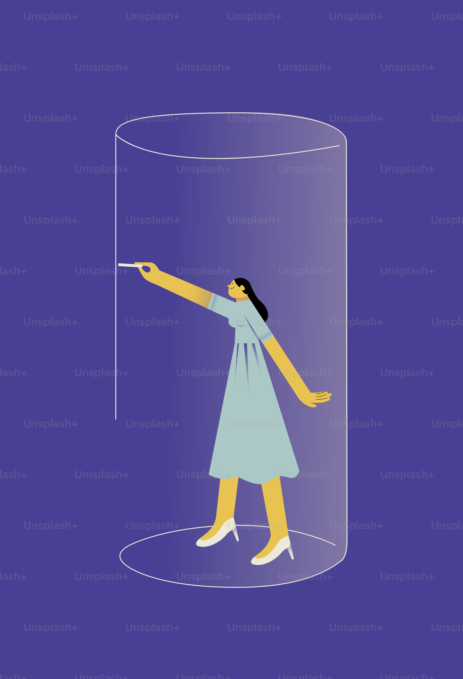 보라색 배경에 유리 실린더에 그림을 그리는 여성