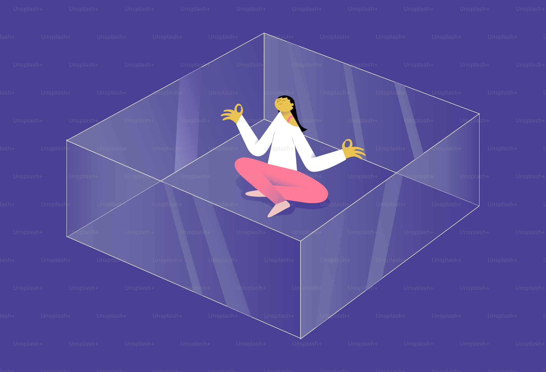 투명한 상자 안에서 명상하는 여성.