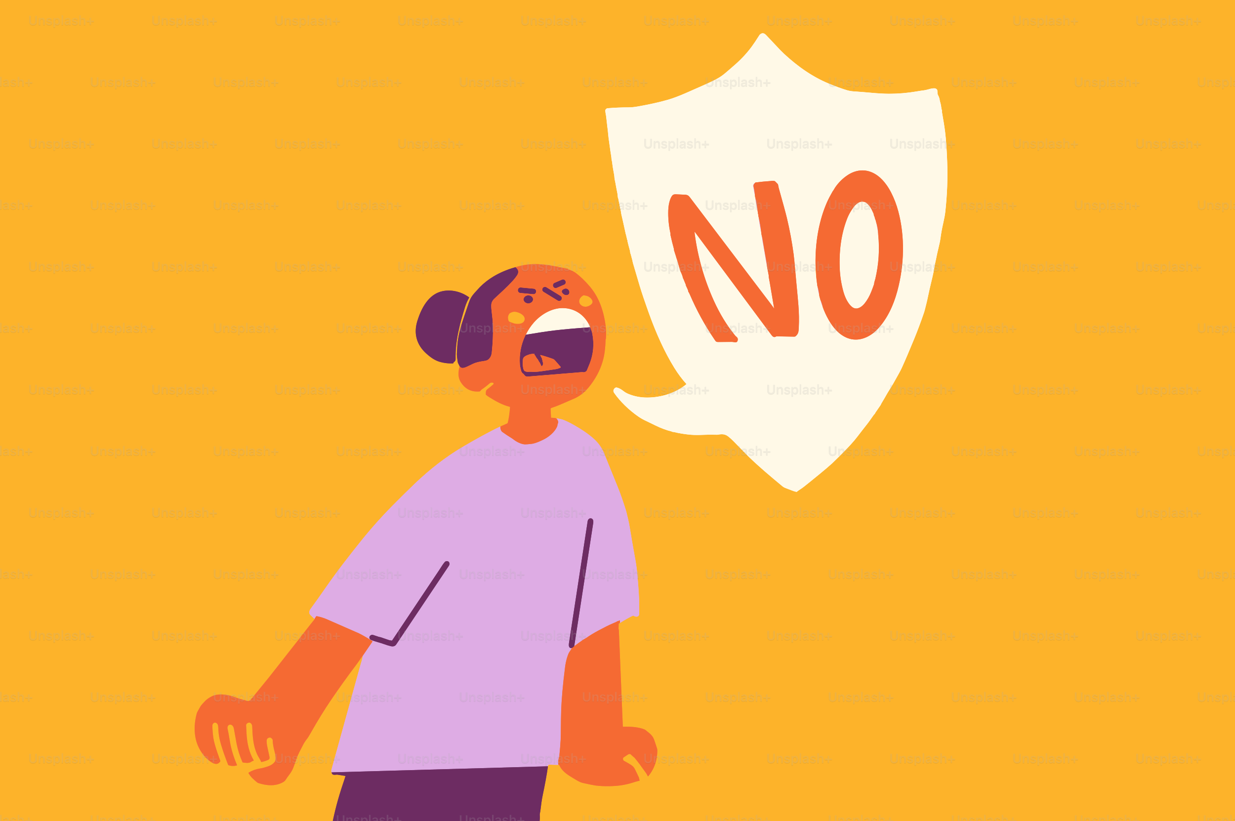 Woman yelling "no" from a speech bubble.