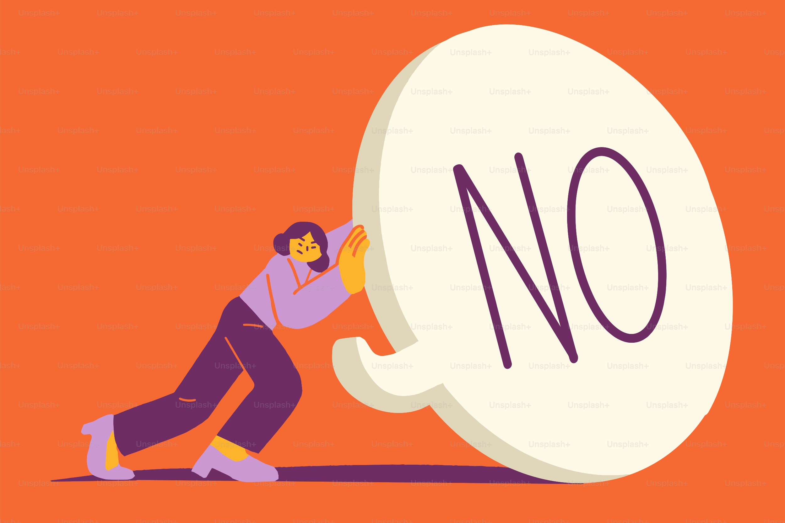 Person pushing a large speech bubble with "no"