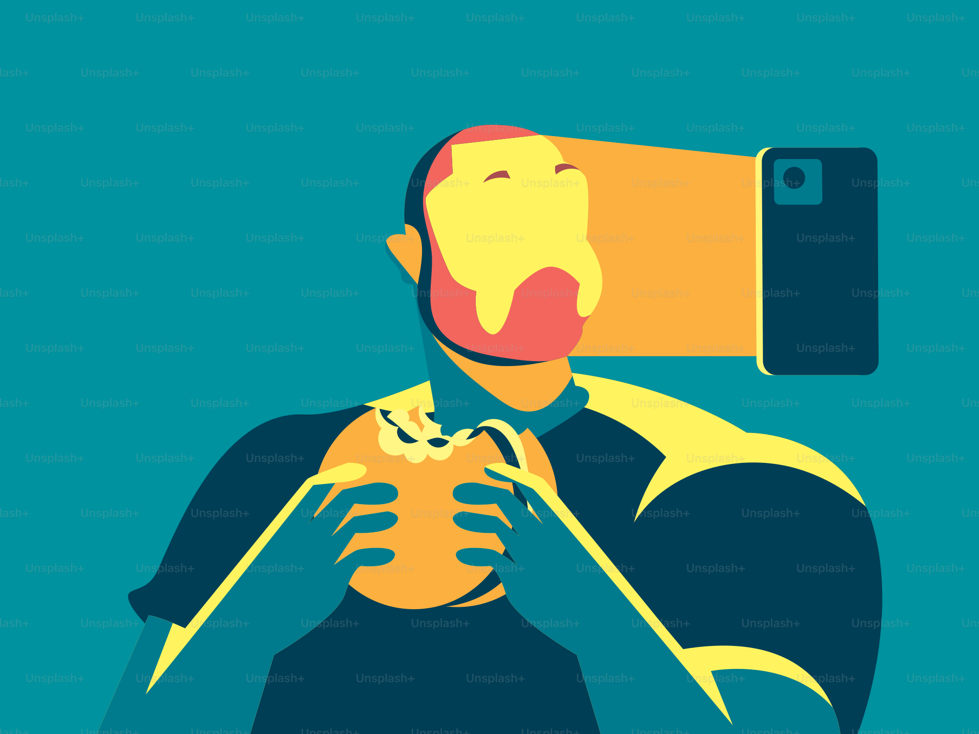 Mann, der einen Burger isst und dabei ein Selfie macht