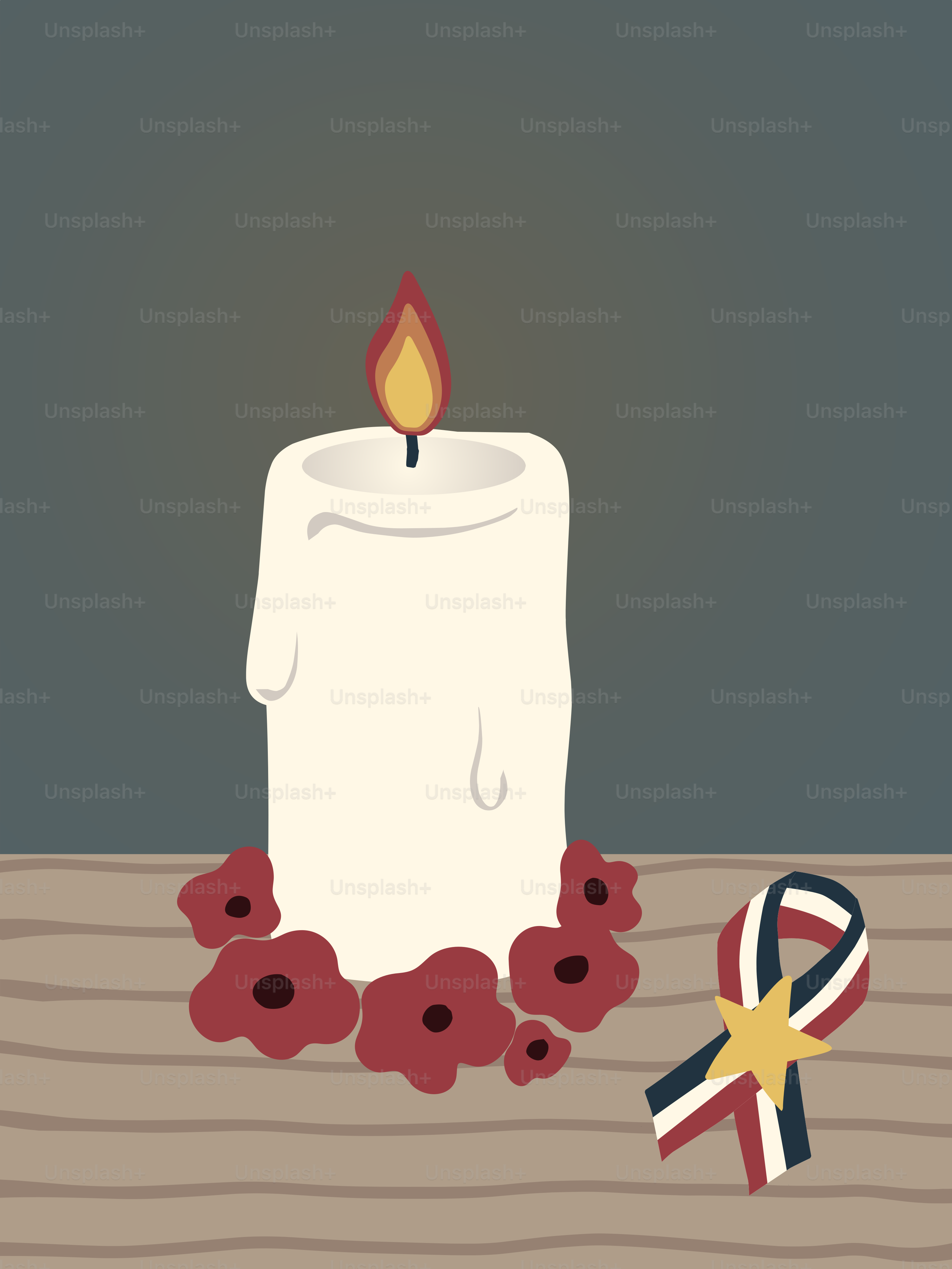 A lit candle with poppies and a ribbon