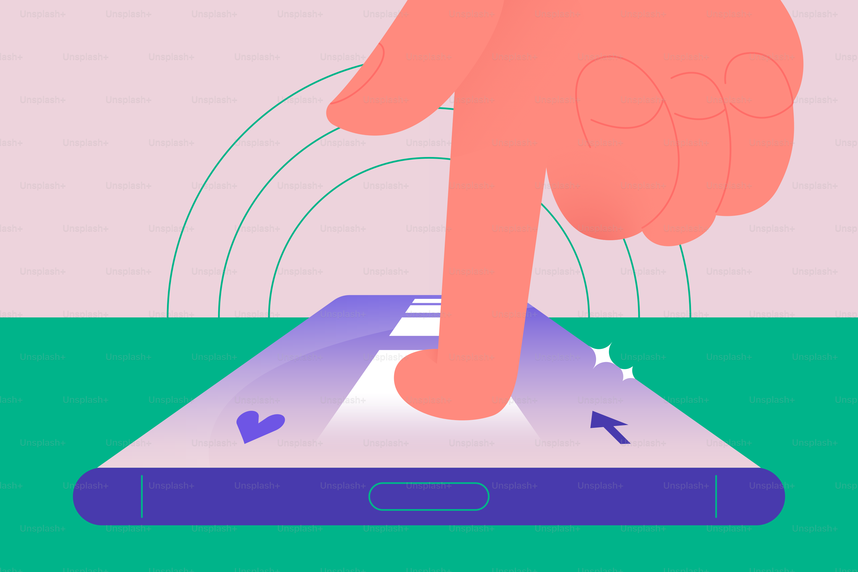 Finger touching smartphone screen with icons.