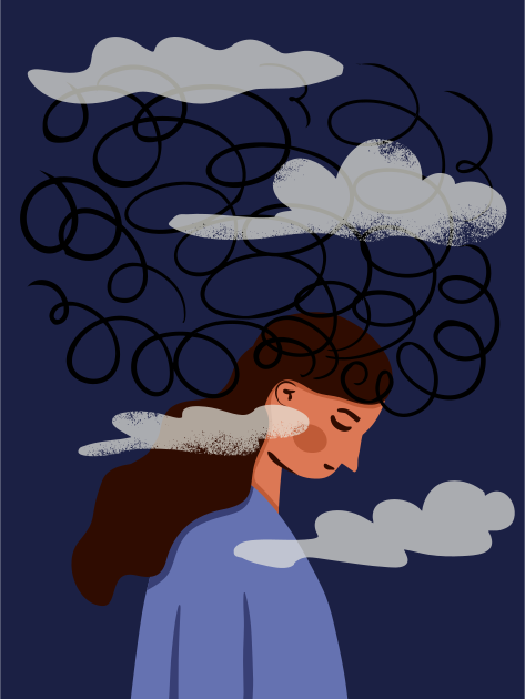 Frau mit wirbelnden Gedanken und Wolken um ihren Kopf.