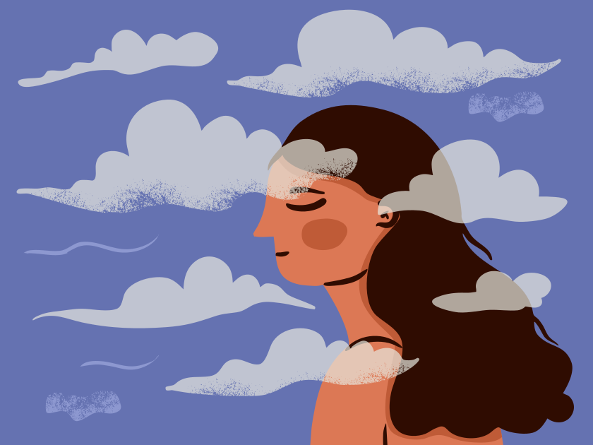 Frauenprofil, umgeben von Wolken in einem blauen Himmel