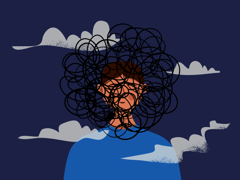 Person mit verworrenen Gedanken, umgeben von Wolken