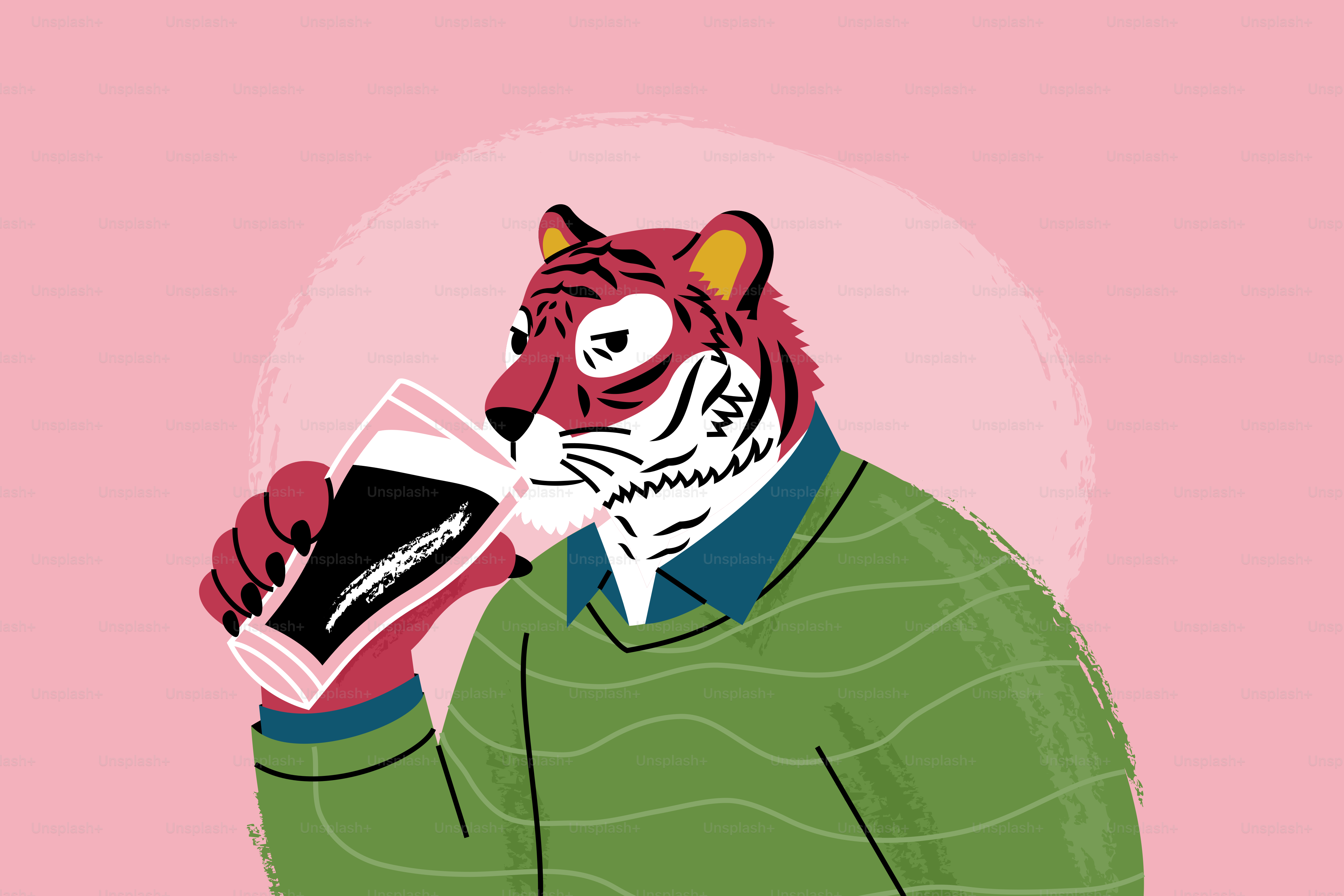 Tiger con un maglione beve da un bicchiere.