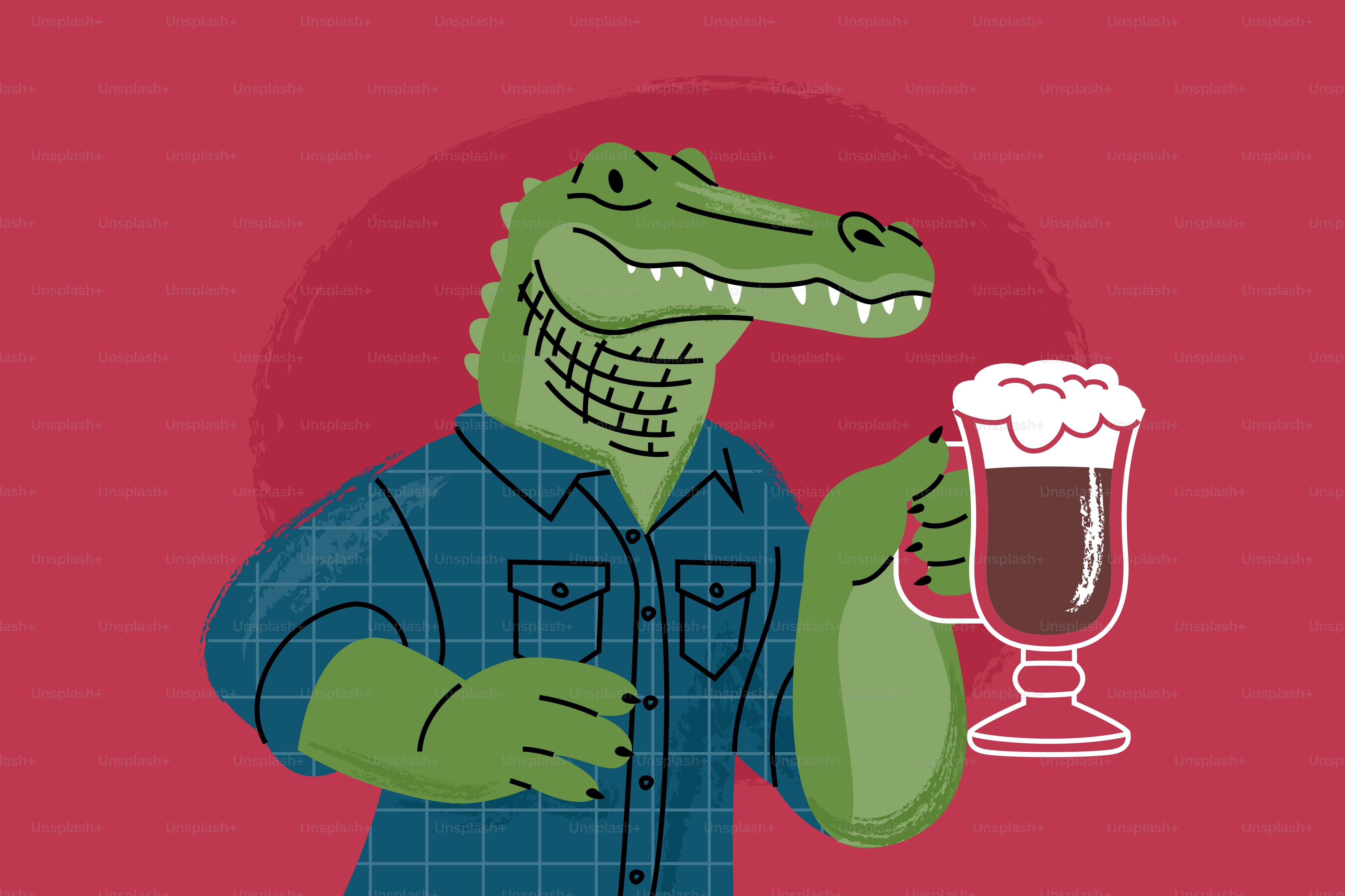 Alligator in a blue shirt holding a foamy drink.