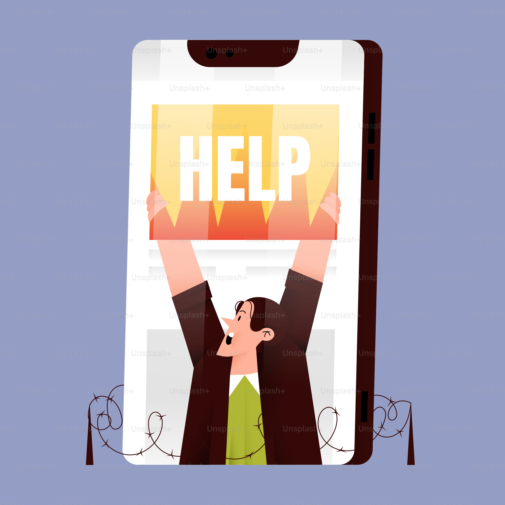 Man holding help sign inside a smartphone screen