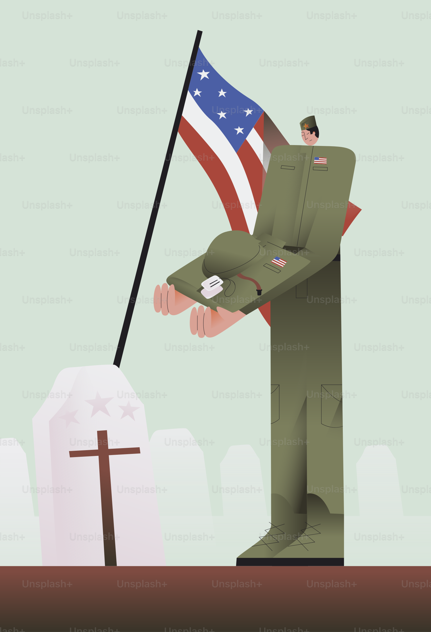 Soldado sosteniendo una gorra en la tumba con bandera estadounidense