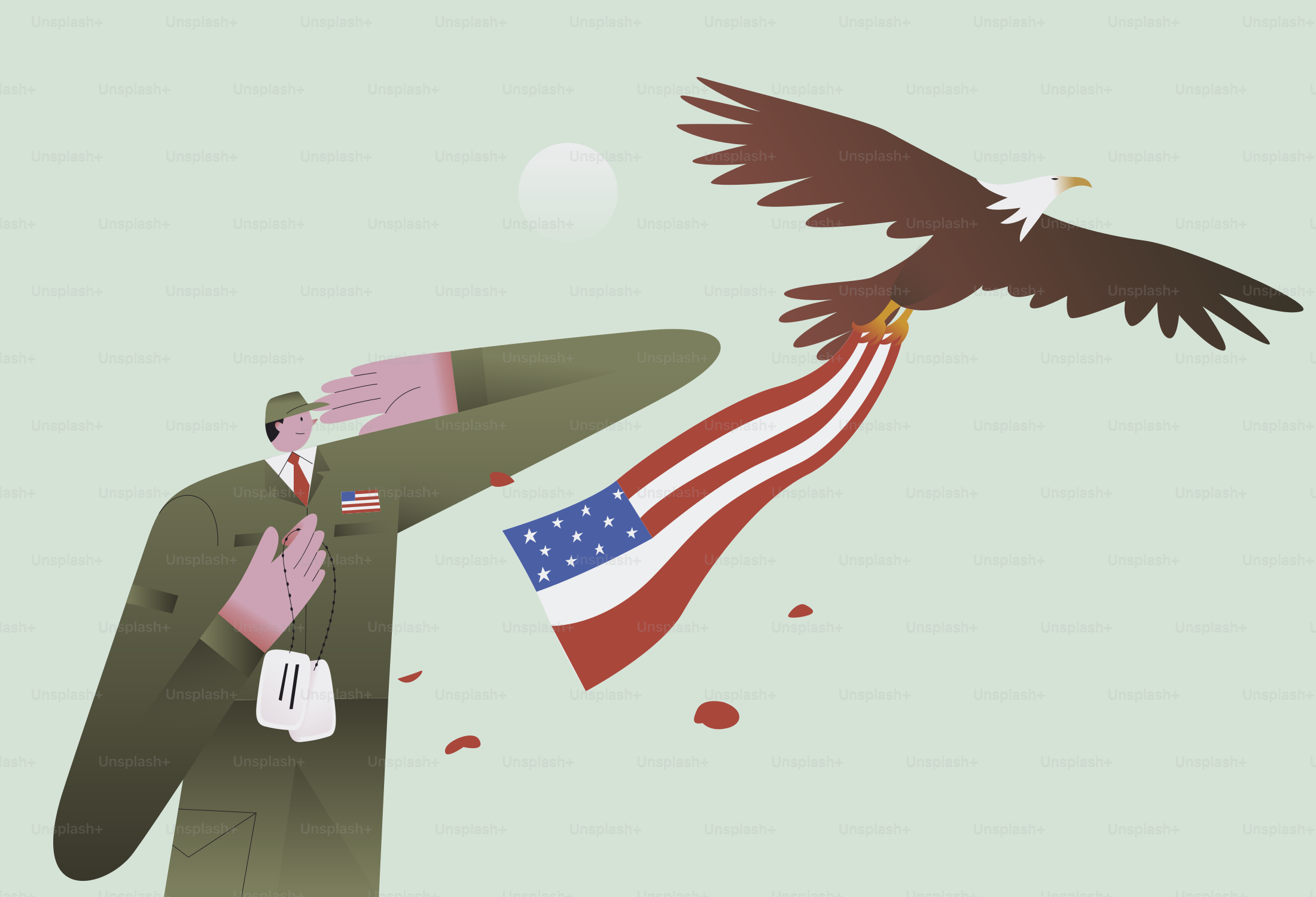 Soldado saluda águila portando la bandera estadounidense