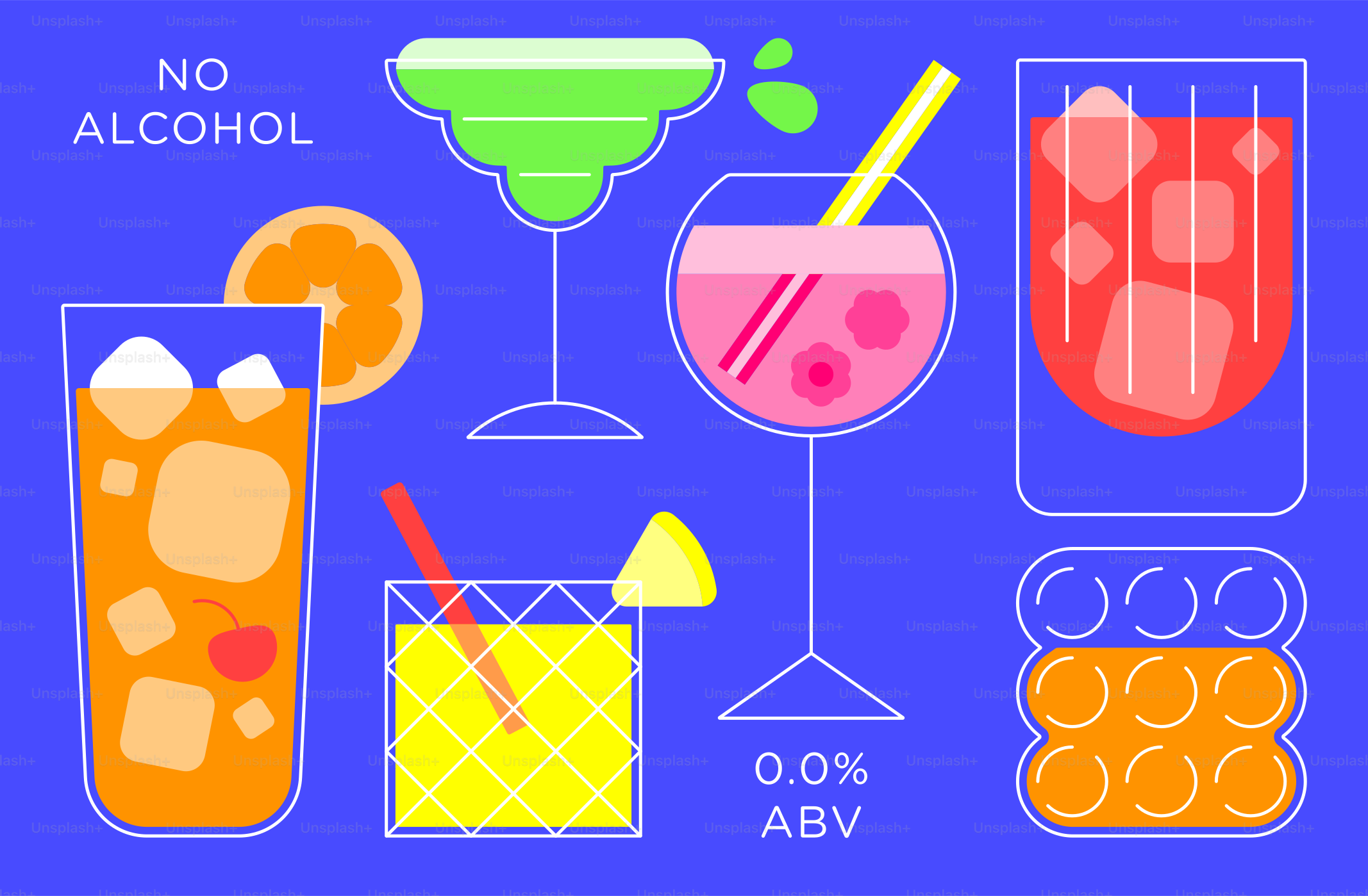 파란색 배경에 다양한 다채로운 무알코올 음료가 있었다.