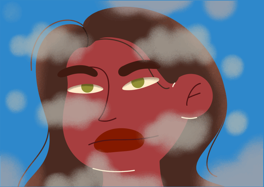 Mulher com pele queimada pelo sol e vapor