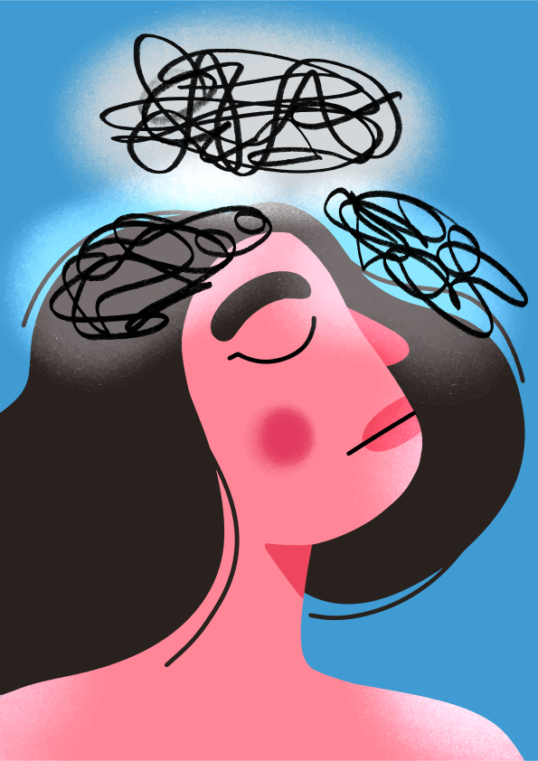 Mulher com pensamentos emaranhados acima da cabeça.