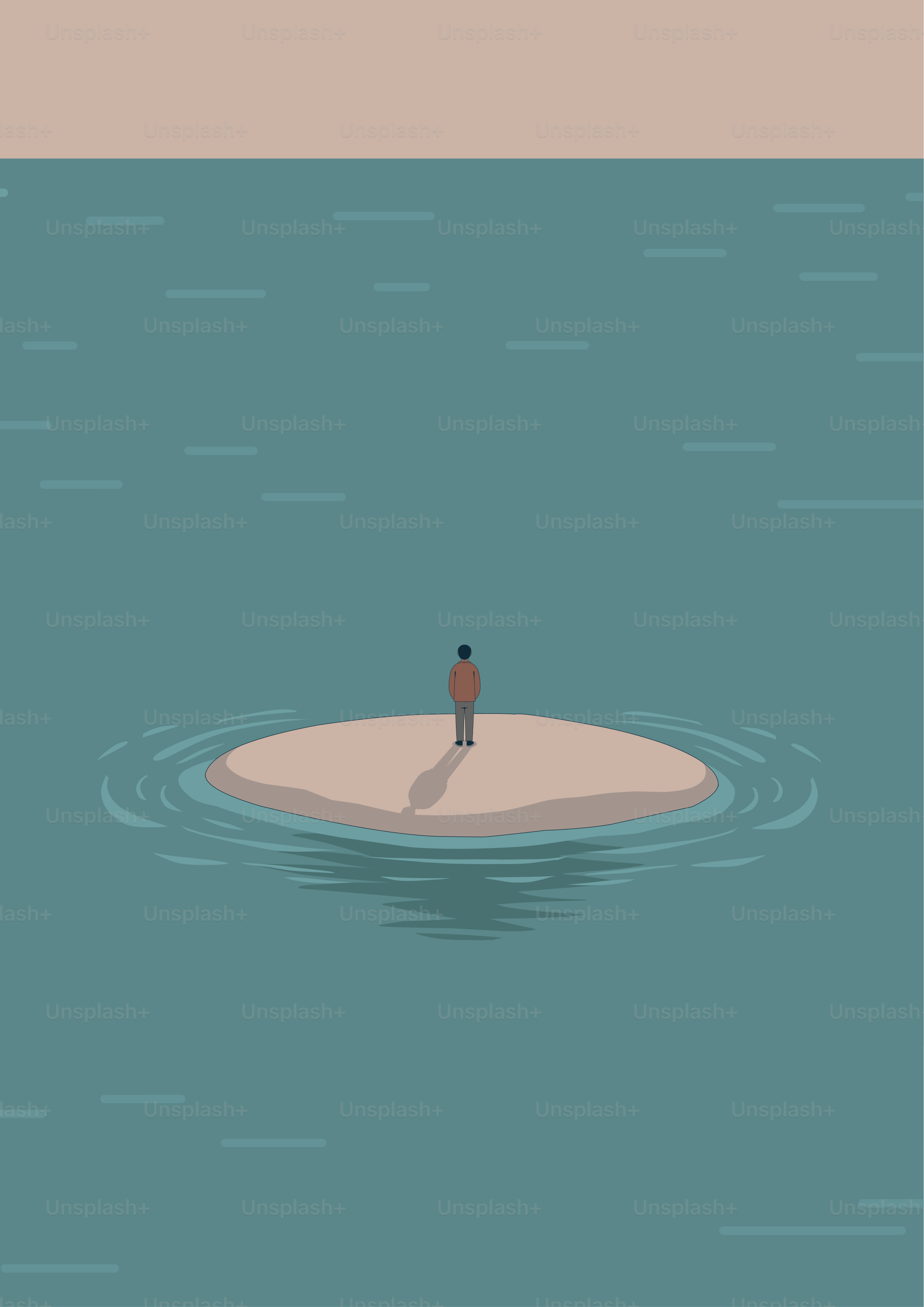 작은 섬에 홀로 서 있는 사람이 있다.