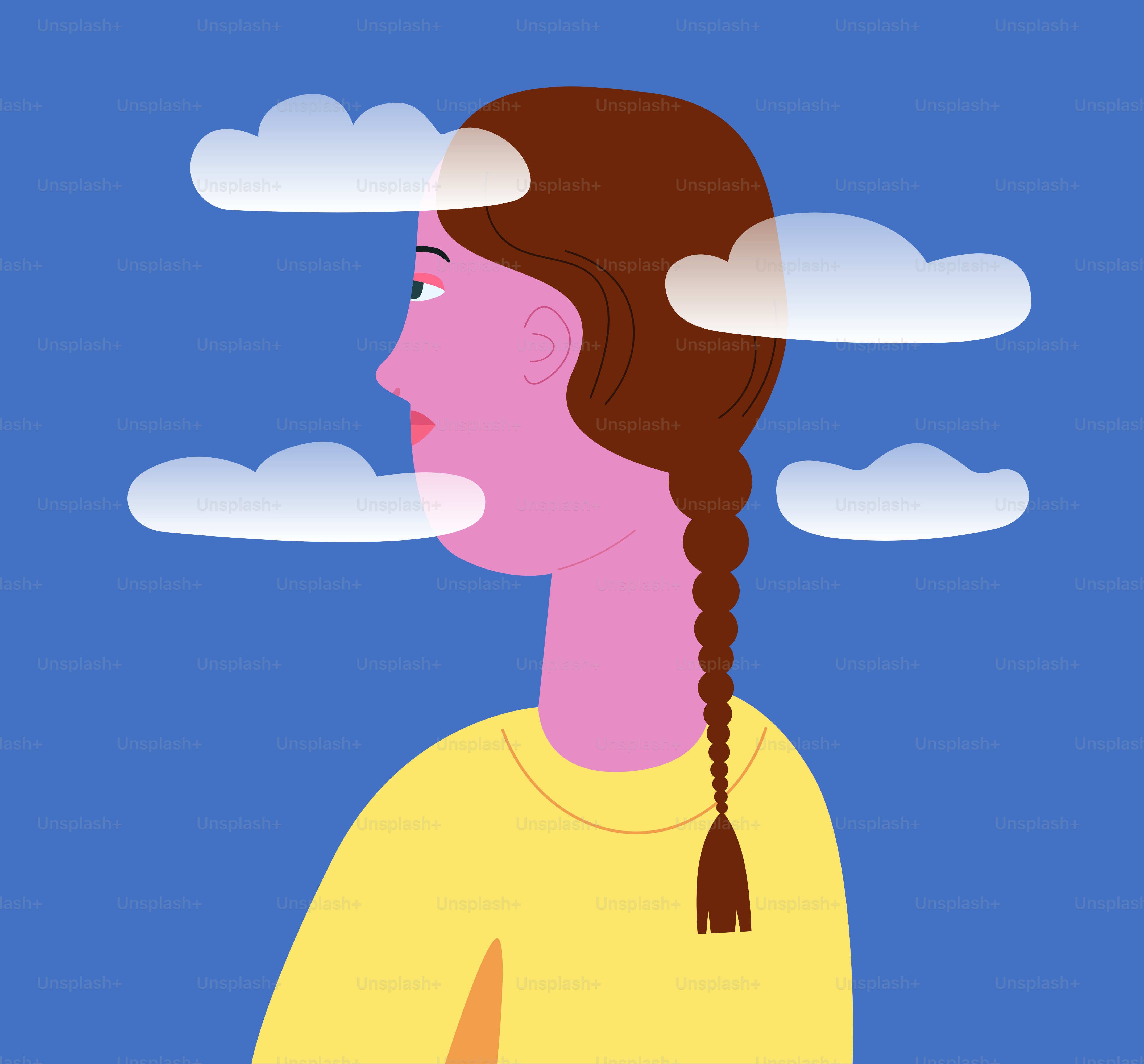 Profil einer Frau mit Wolken um den Kopf.