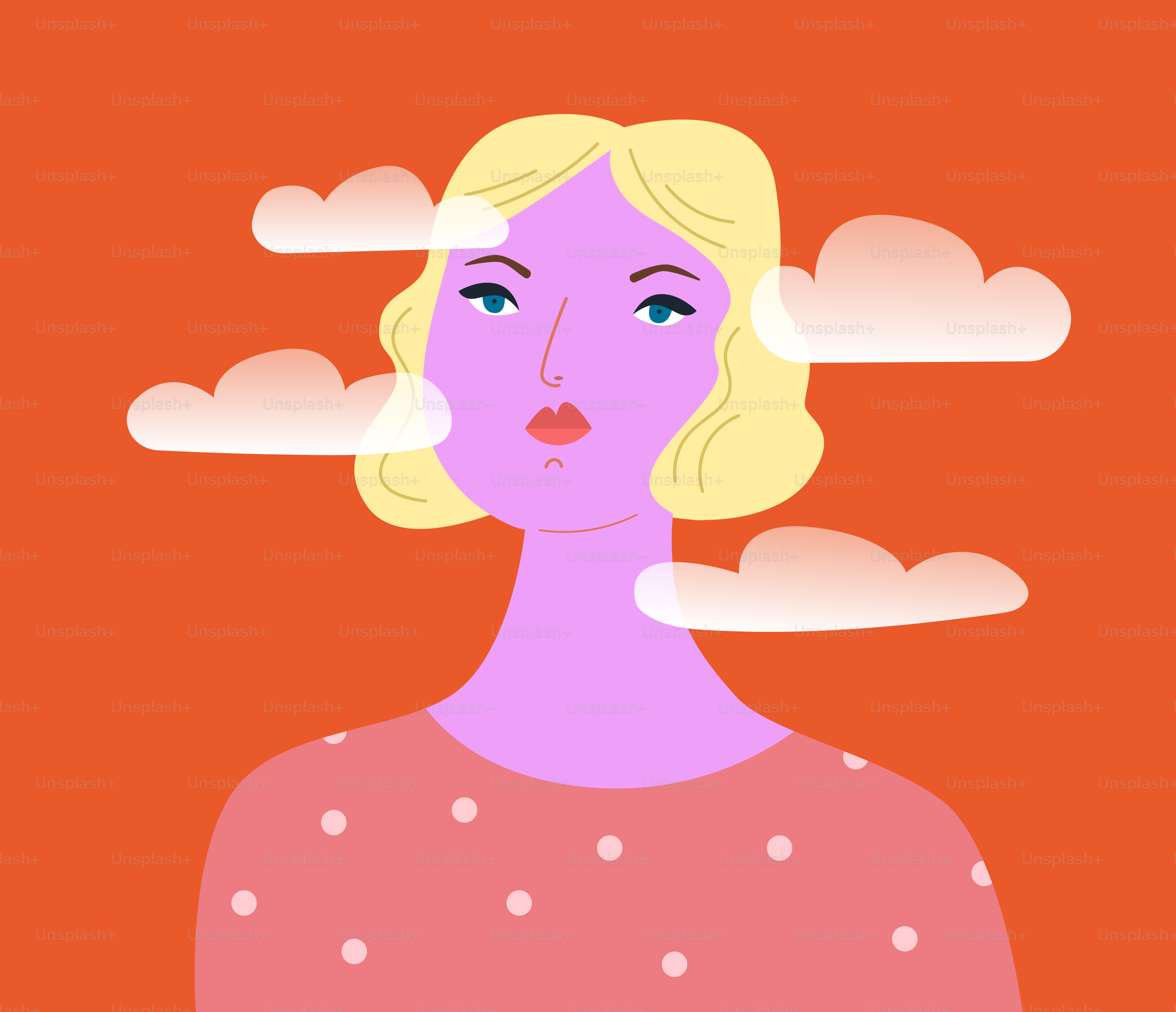Woman with blonde hair surrounded by clouds