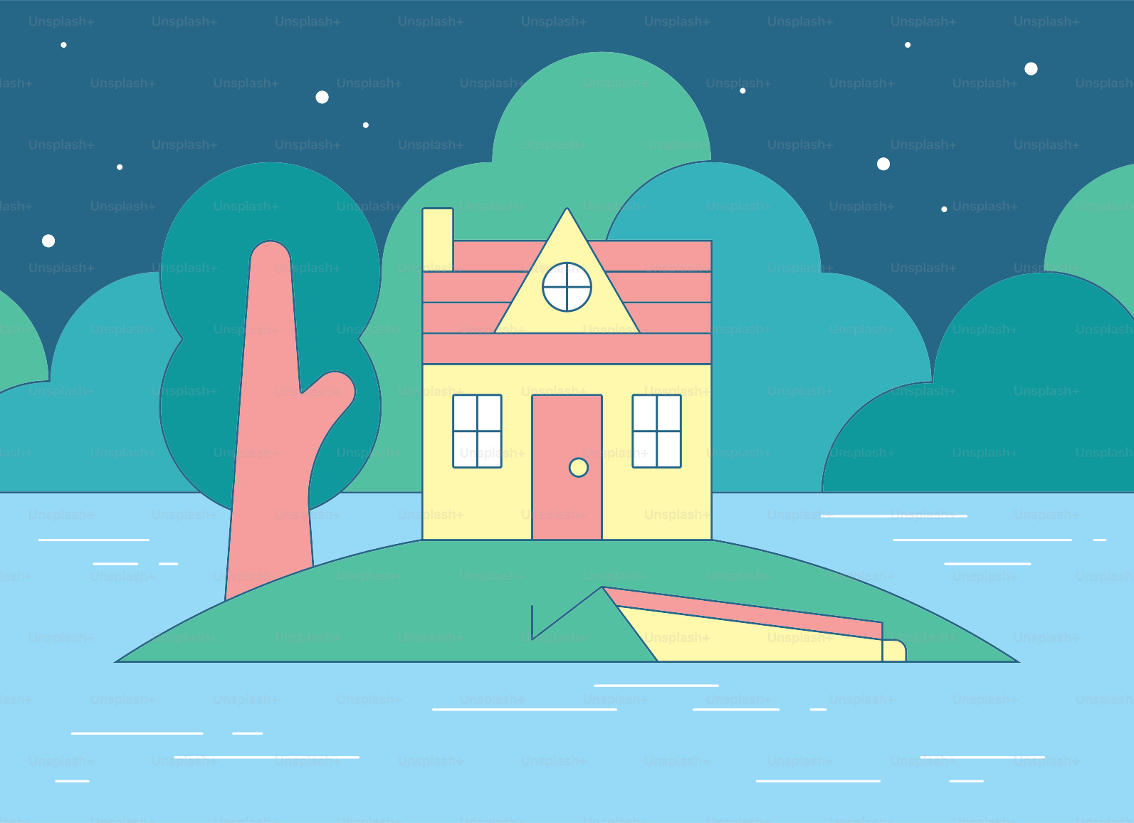 섬에 있는 작은 집과 배.