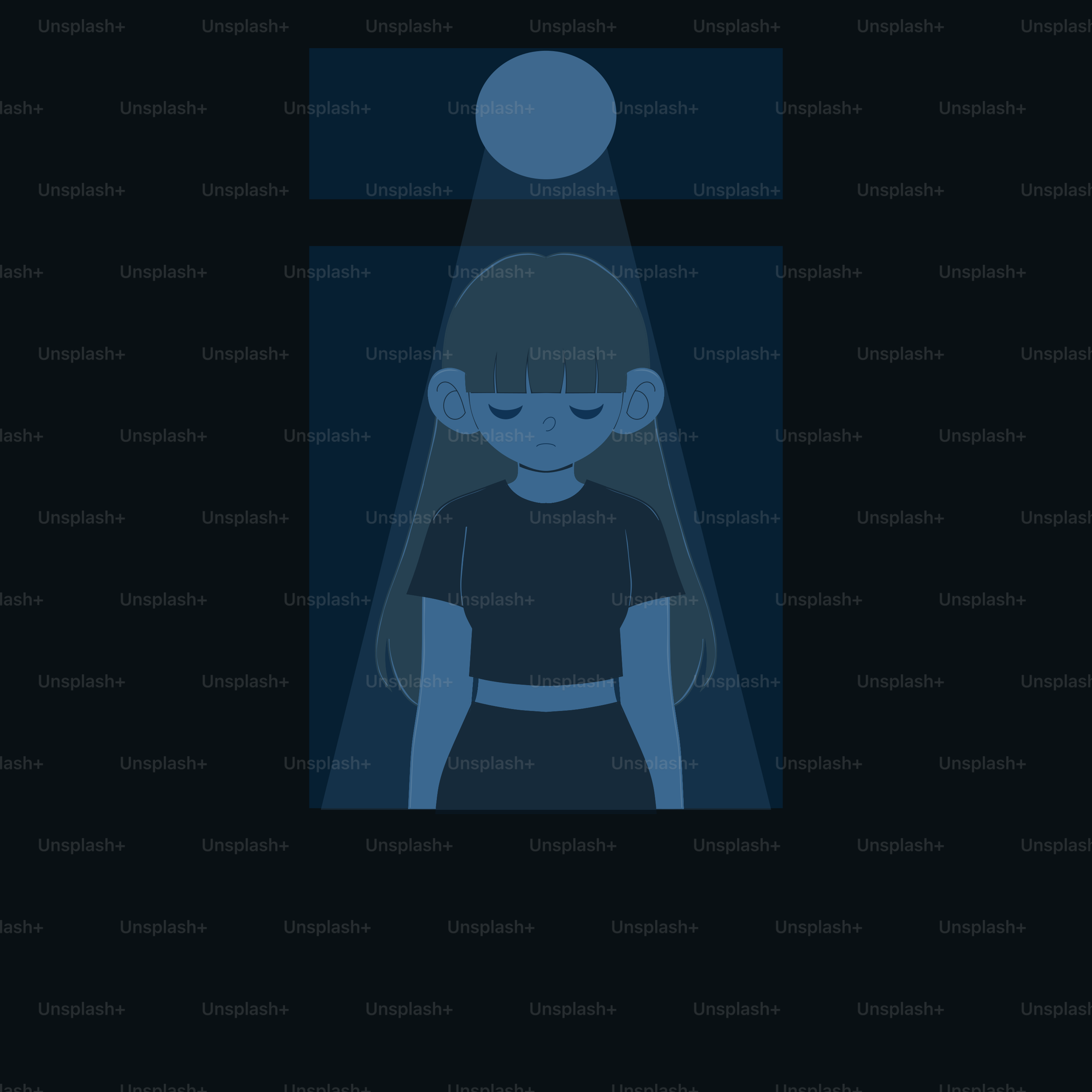 A stylized girl in a spotlight looks down.