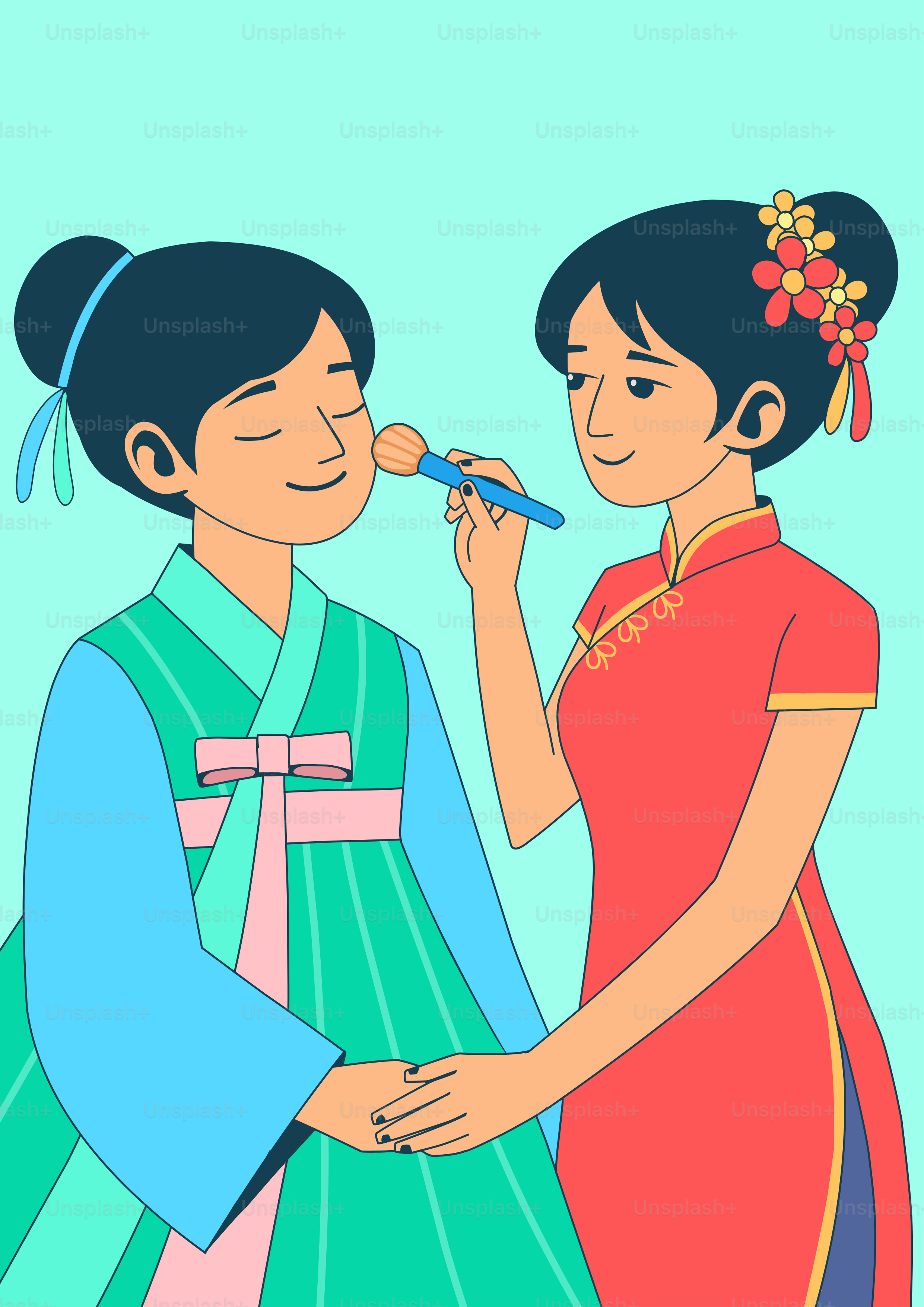Wanita bergaun merah merias wajah wanita dalam hanbok.