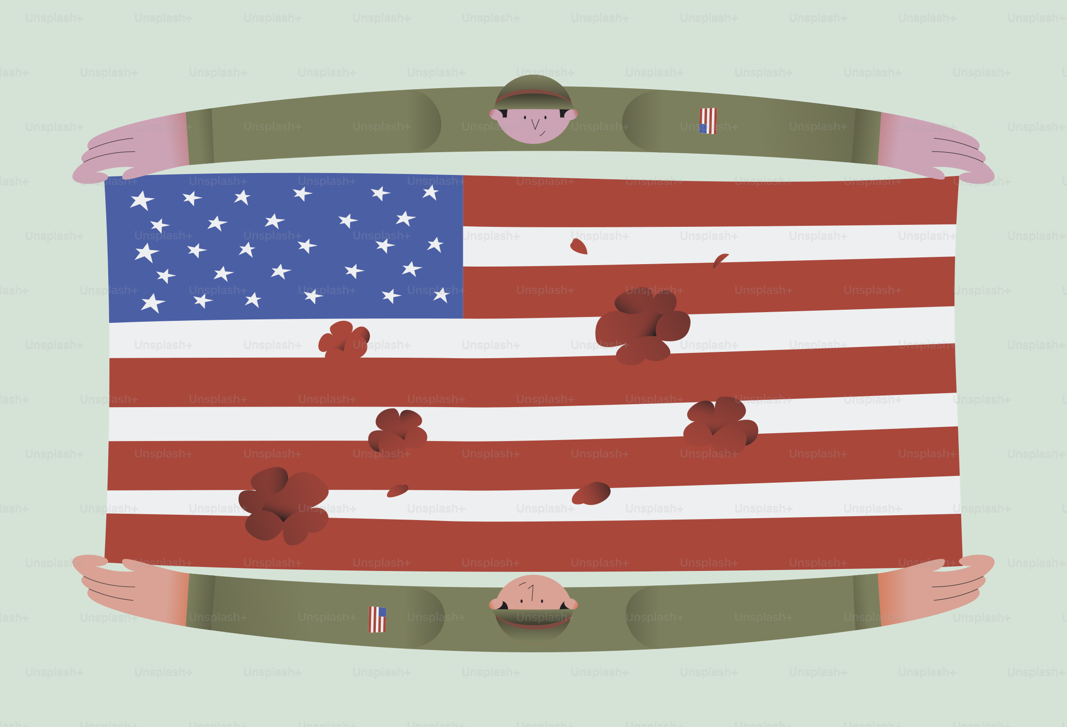 Bandera estadounidense con agujeros de bala y soldados caricaturizados