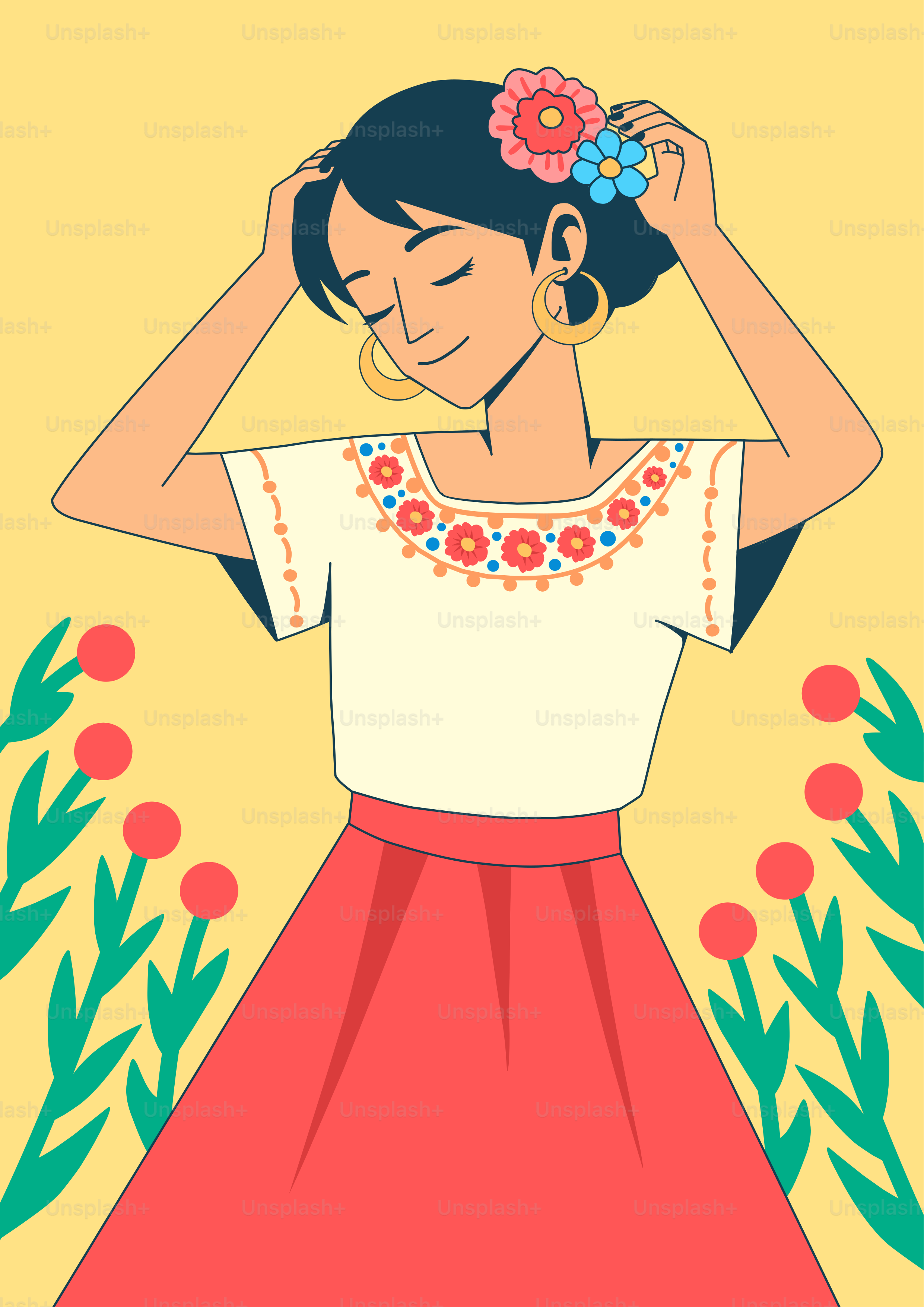 Woman with flowers in her hair and embroidered shirt.