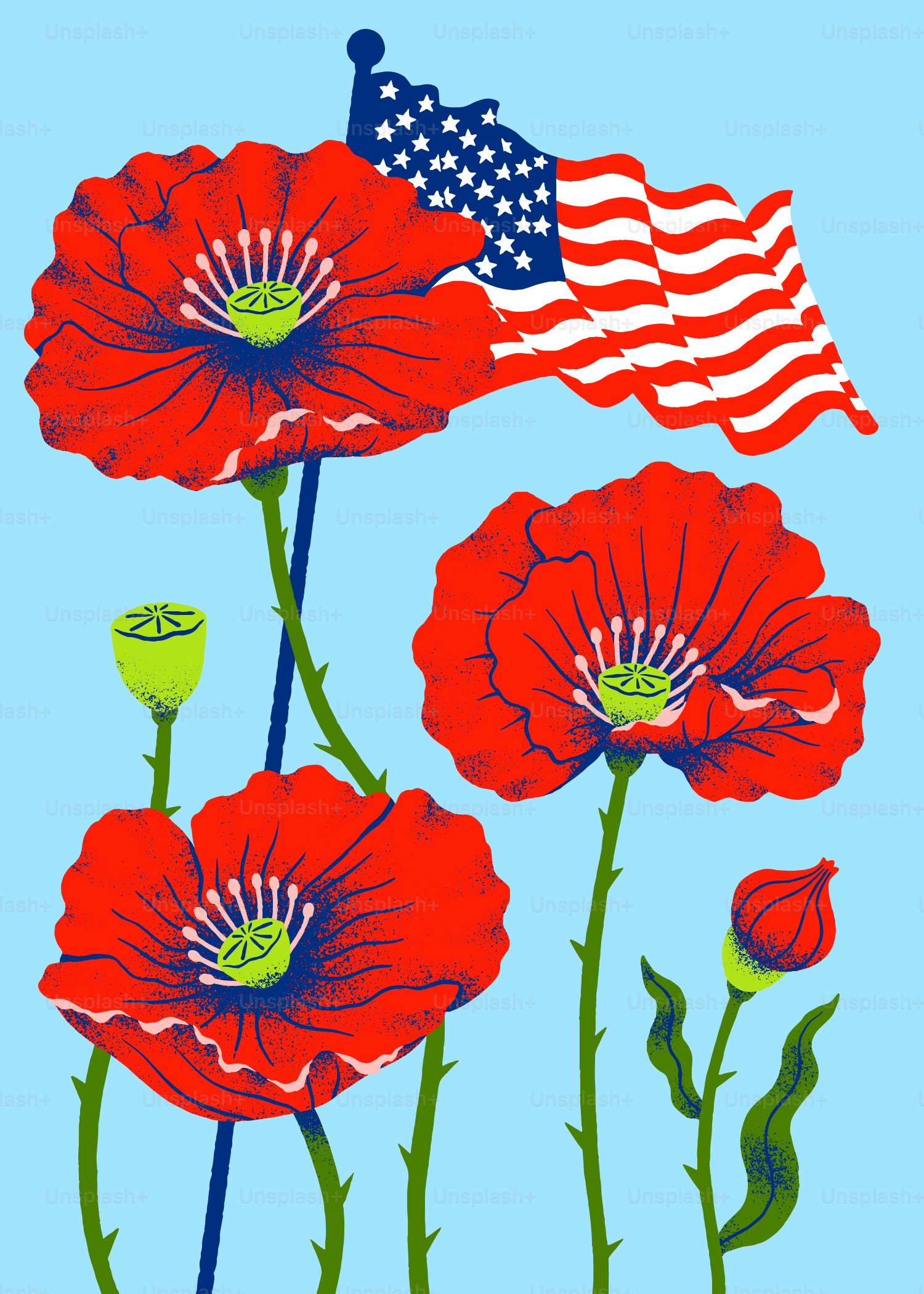 미국 국기가 달린 빨간 양귀비