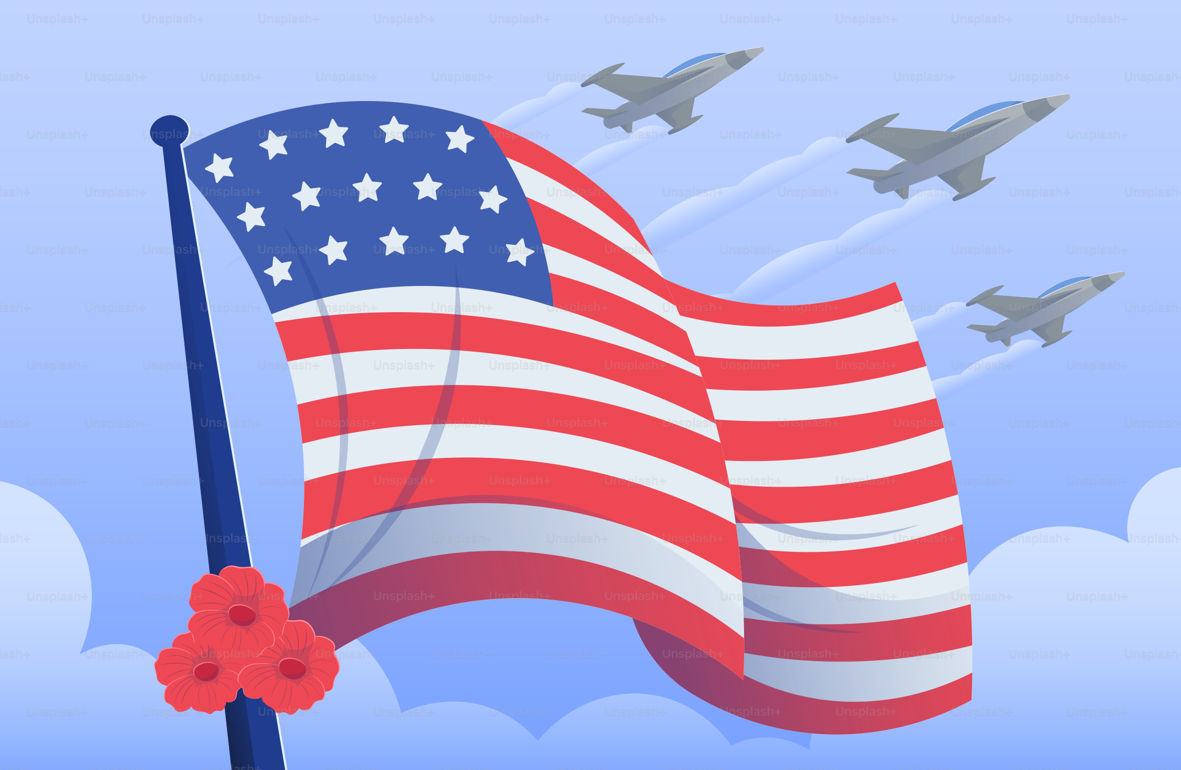 American flag waves with fighter jets flying overhead