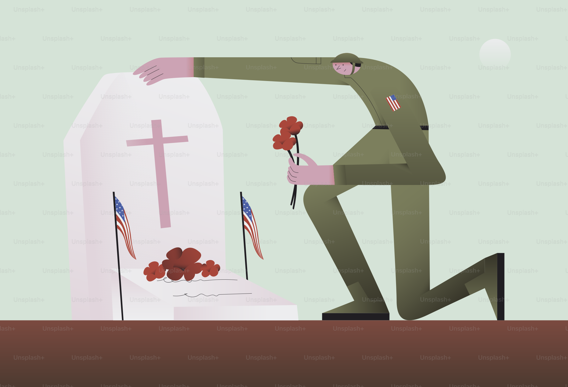 Soldado coloca flores en una lápida de monumento a la guerra