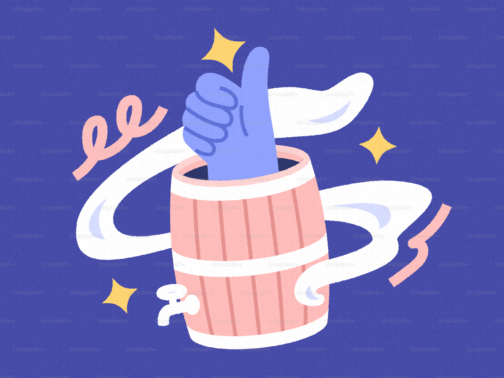 Una mano blu fa un pollice in su da una barile.