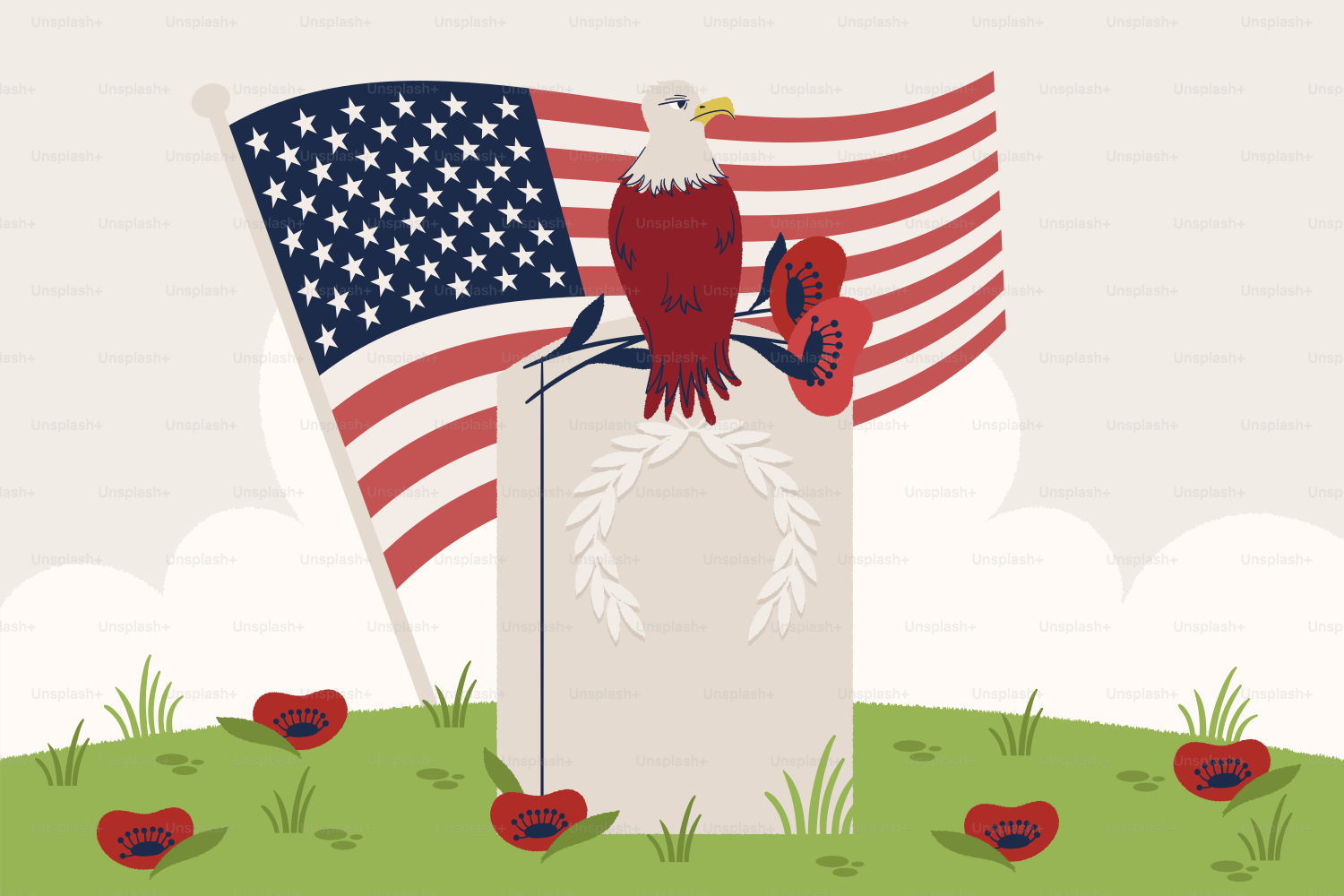 Le drapeau américain, l’aigle et les coquelicots honorent une pierre tombale