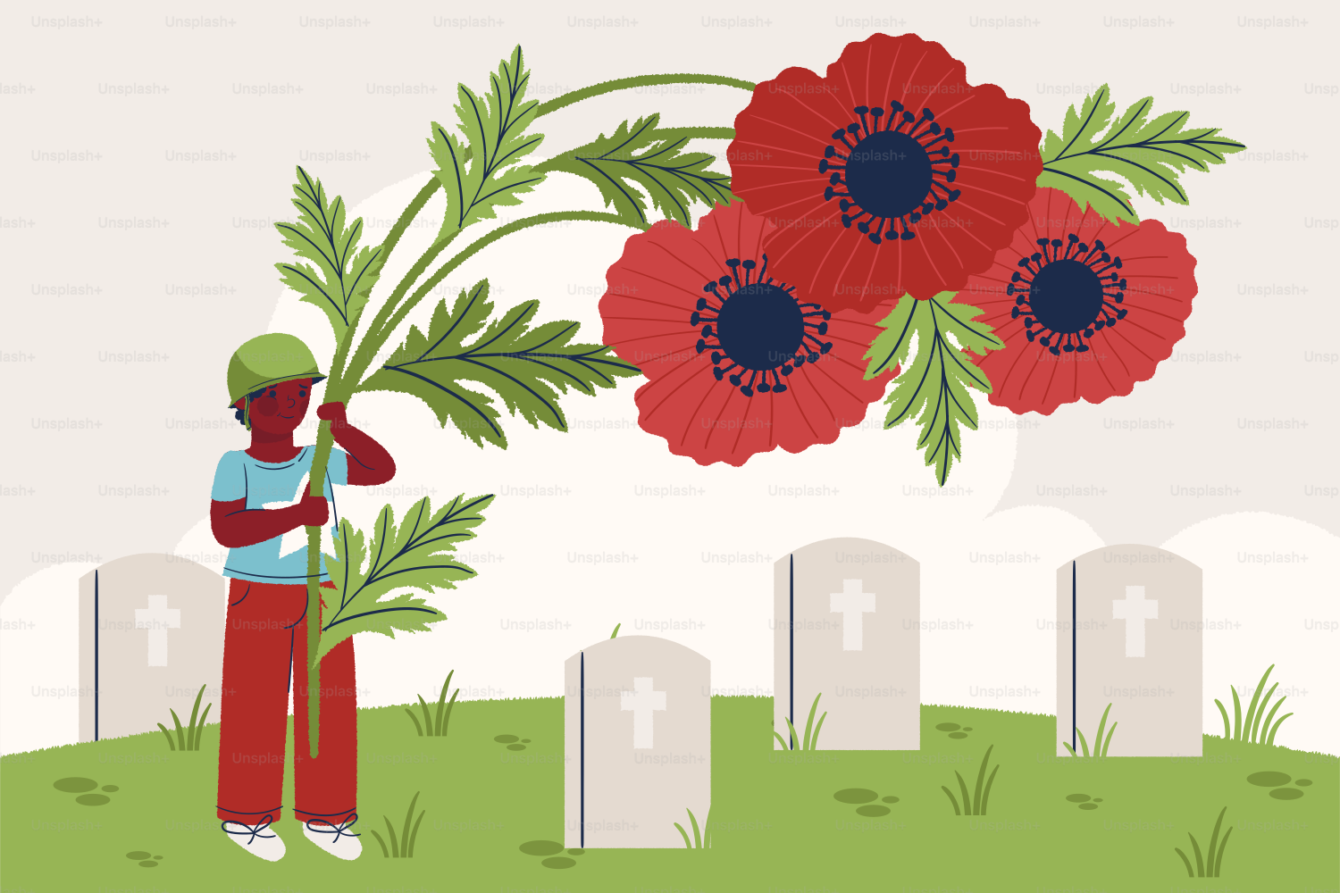 Das Kind legt Mohnblumen auf einen Friedhof nieder.