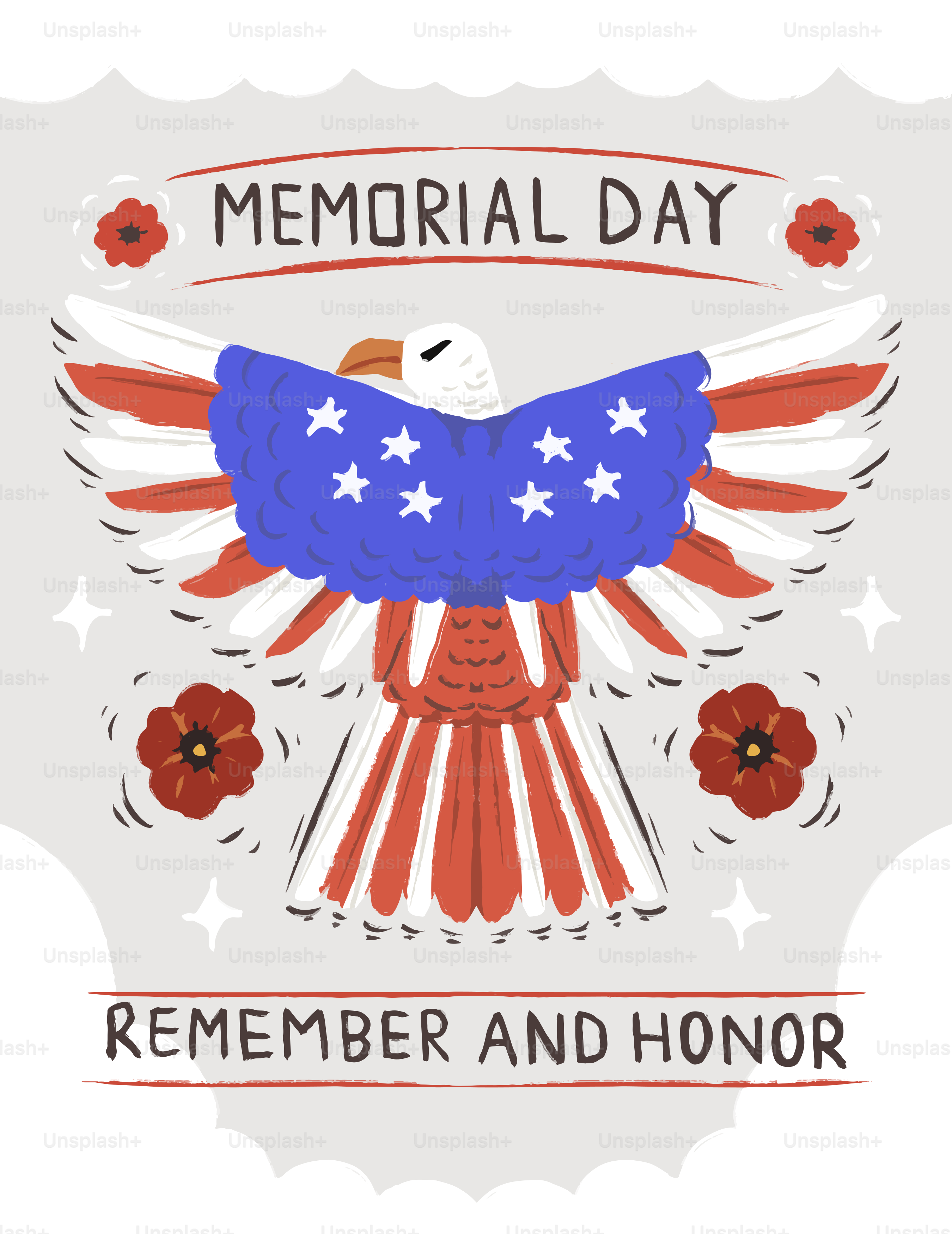 Un aigle du Memorial Day avec drapeau américain et coquelicots.