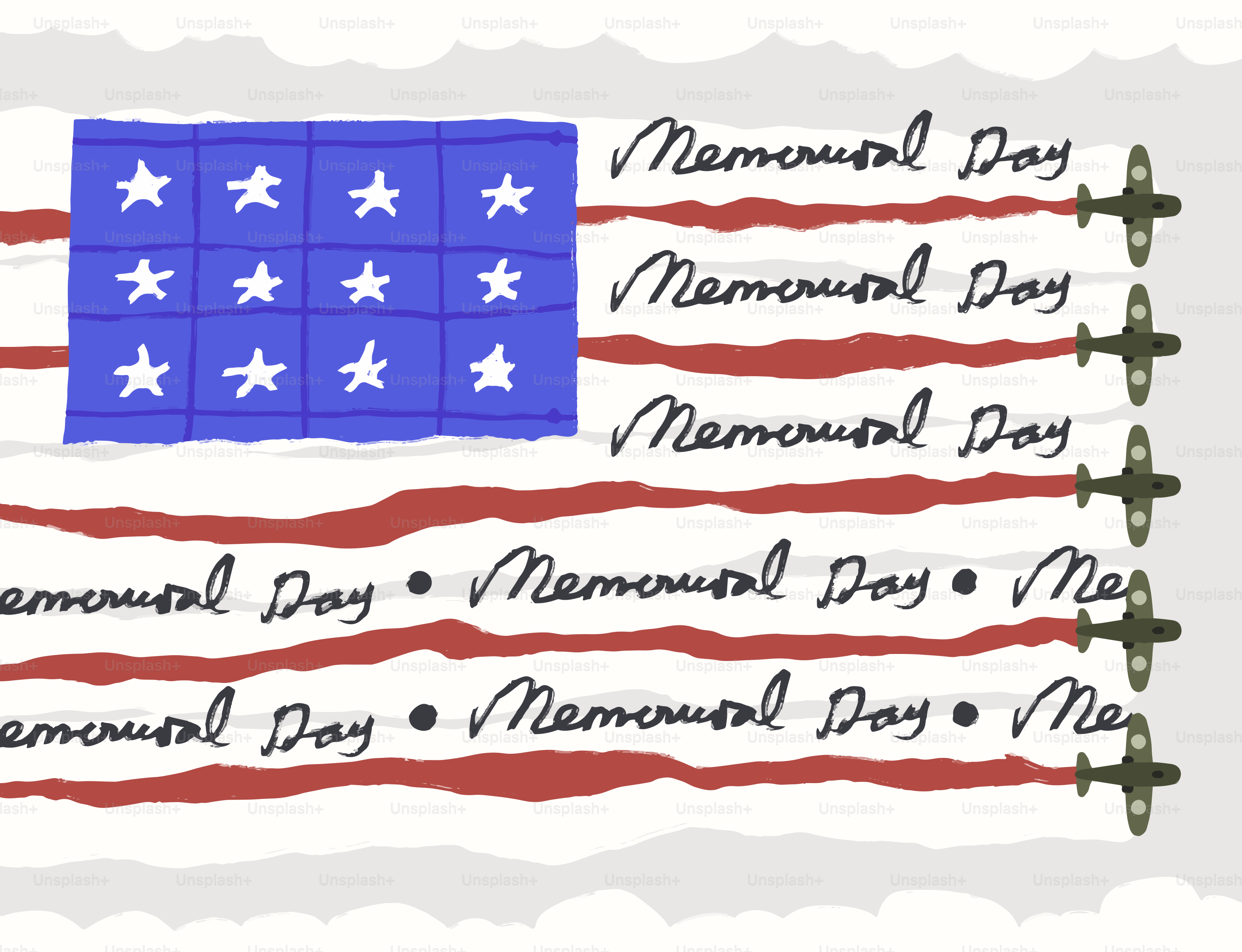 Des avions surplombent un drapeau américain avec des inscriptions du Memorial Day.