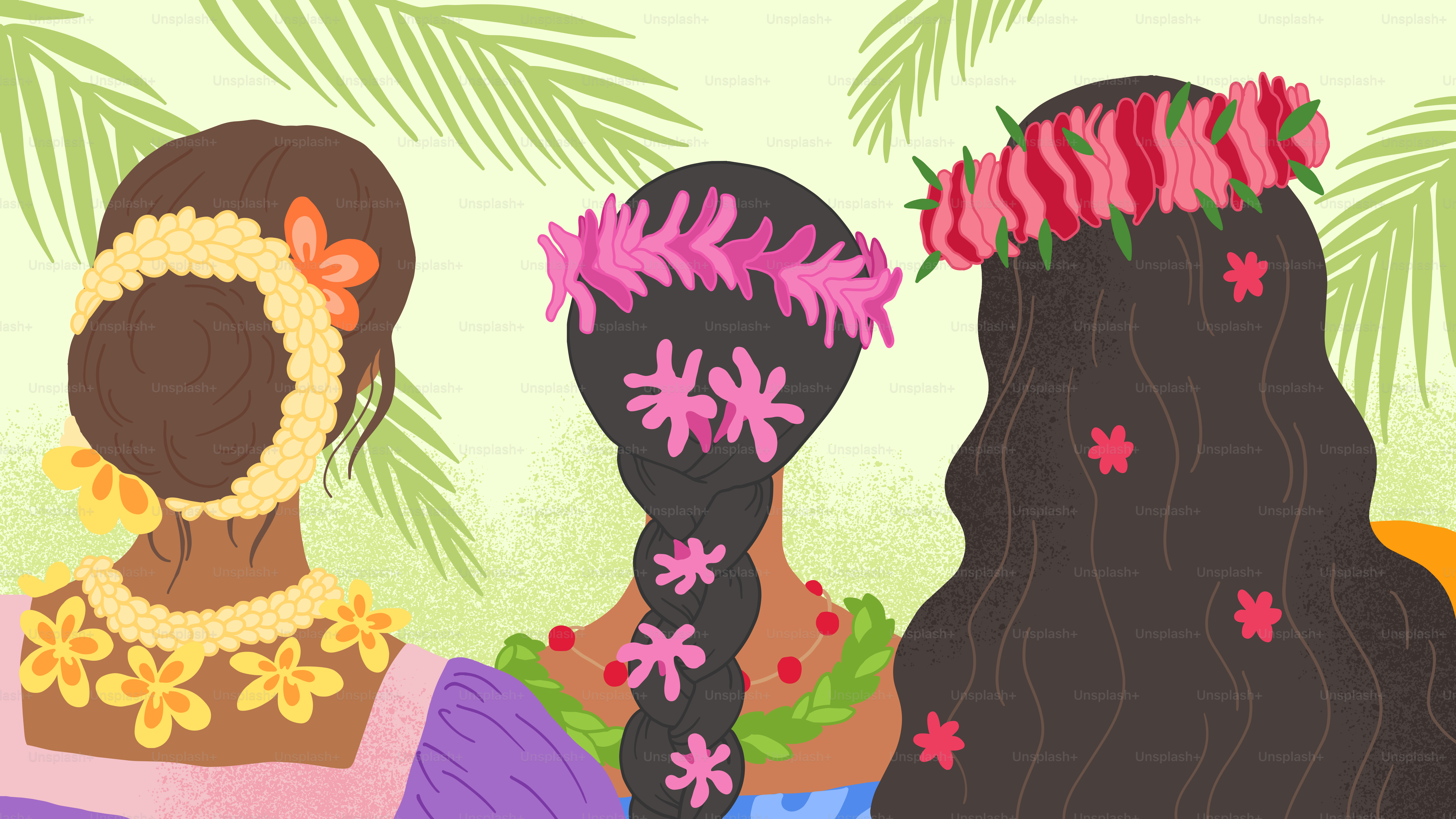Drei Frauen, die Blumenleis und Kronen tragen