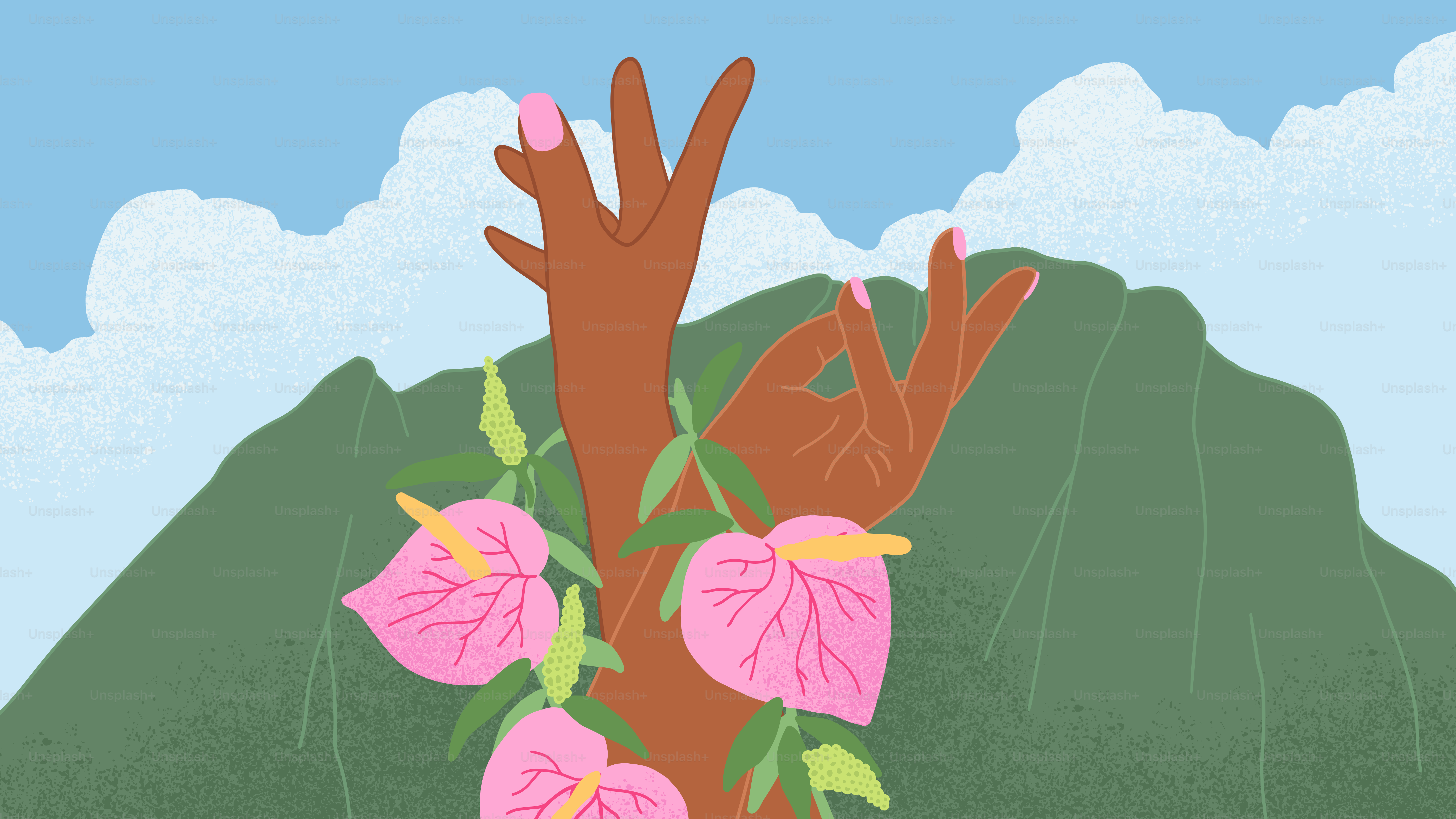 A brown arm with pink flowers and green leaves