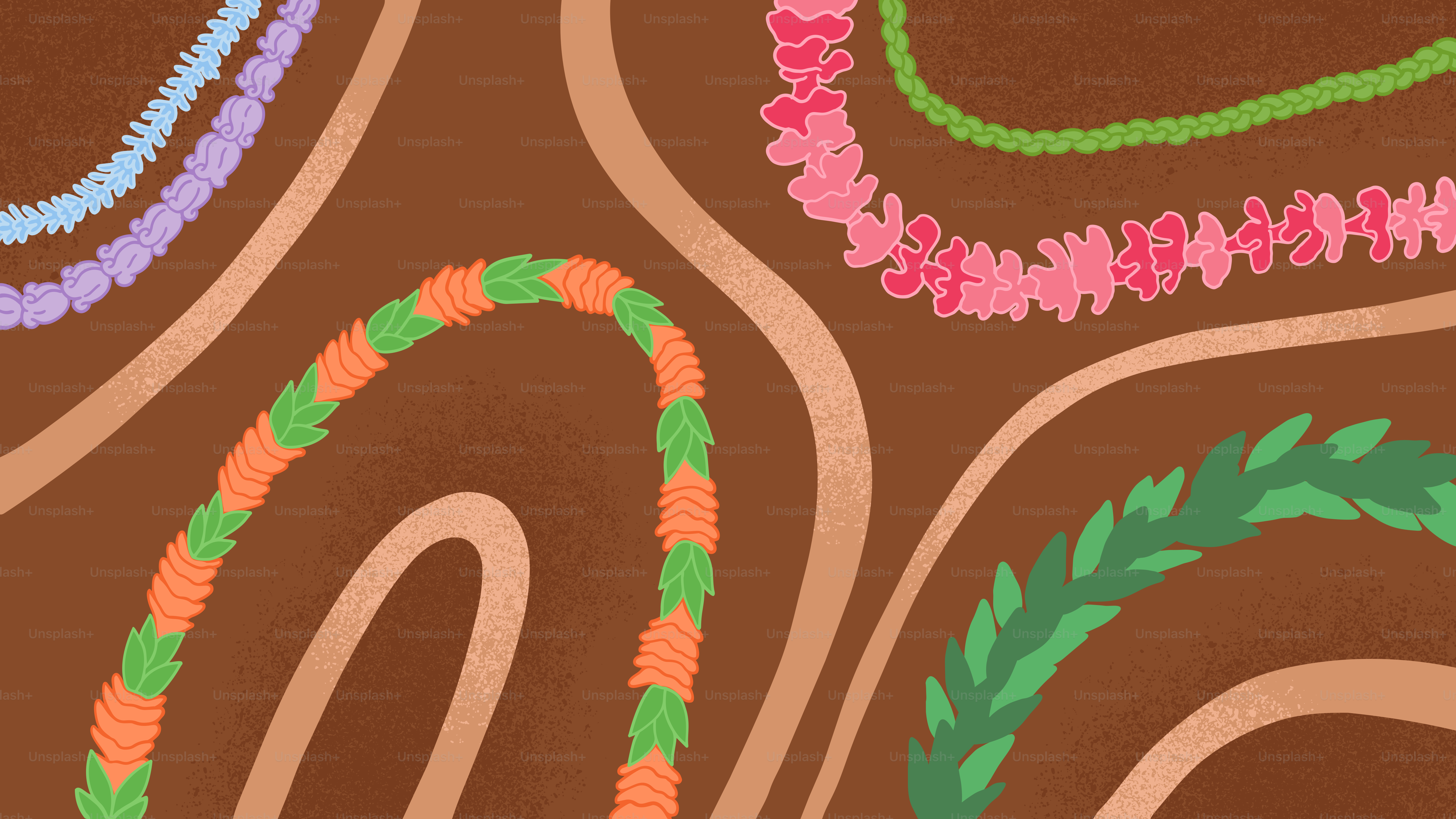 Colorful leis arranged on a brown background.