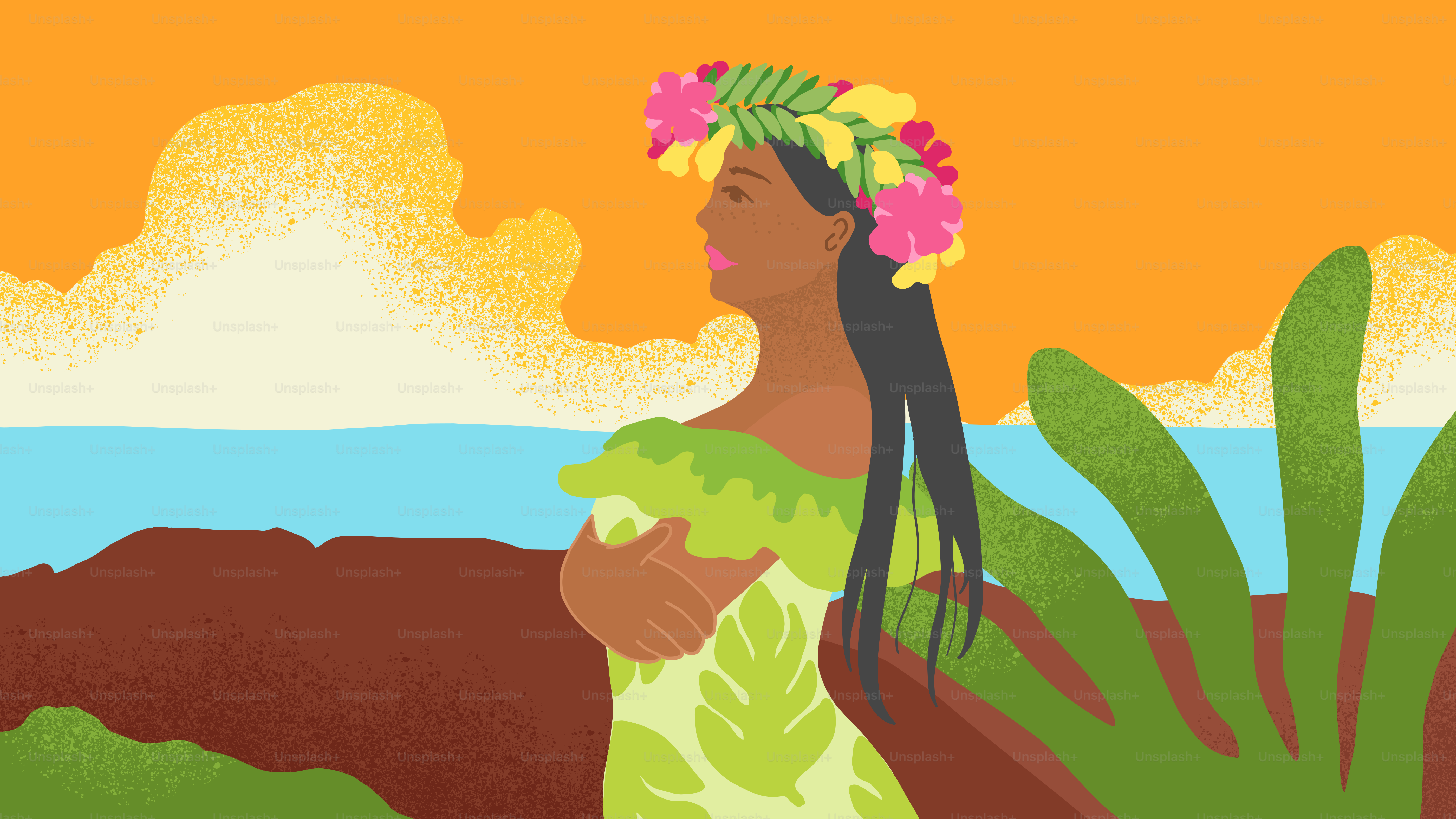 Woman wearing a flower crown on a tropical island.