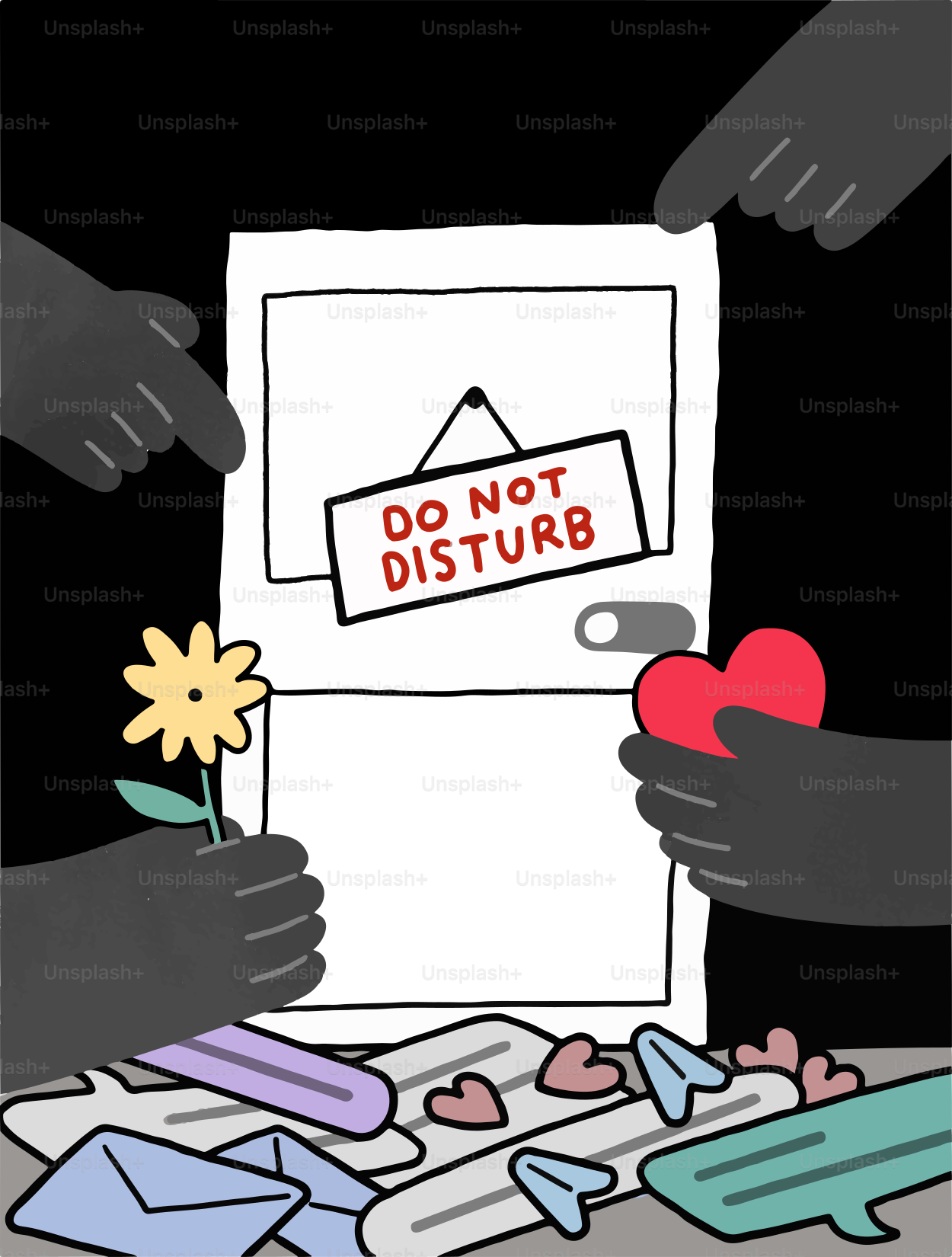 Die Hände reichen Geschenke an einer "Bitte nicht stören"-Tür an.