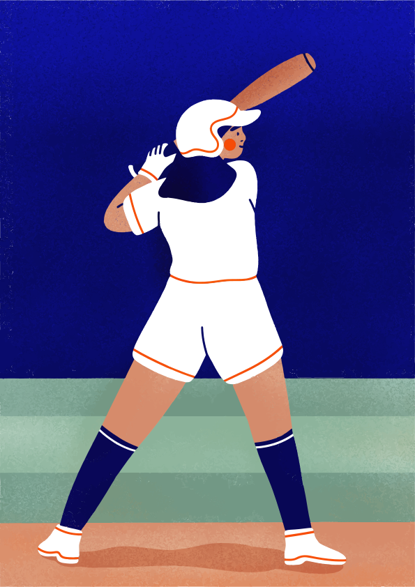 Wanita berseragam bisbol mengayunkan tongkat