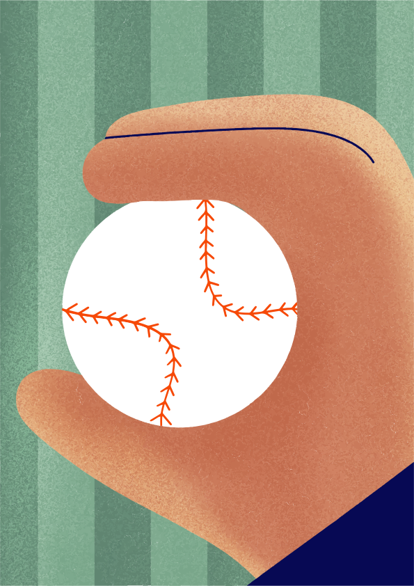 Tangan memegang bisbol dengan jahitan merah