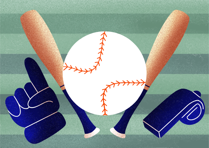 Bisbol, kelelawar, jari busa, dan peluit dengan latar belakang bergaris