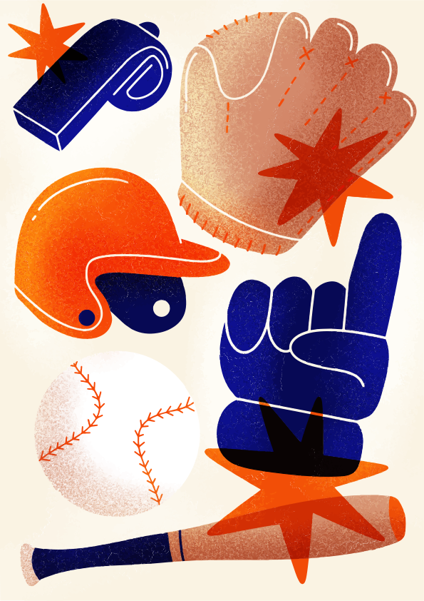 Peralatan bisbol termasuk kelelawar, bola, helm, dan sarung tangan.